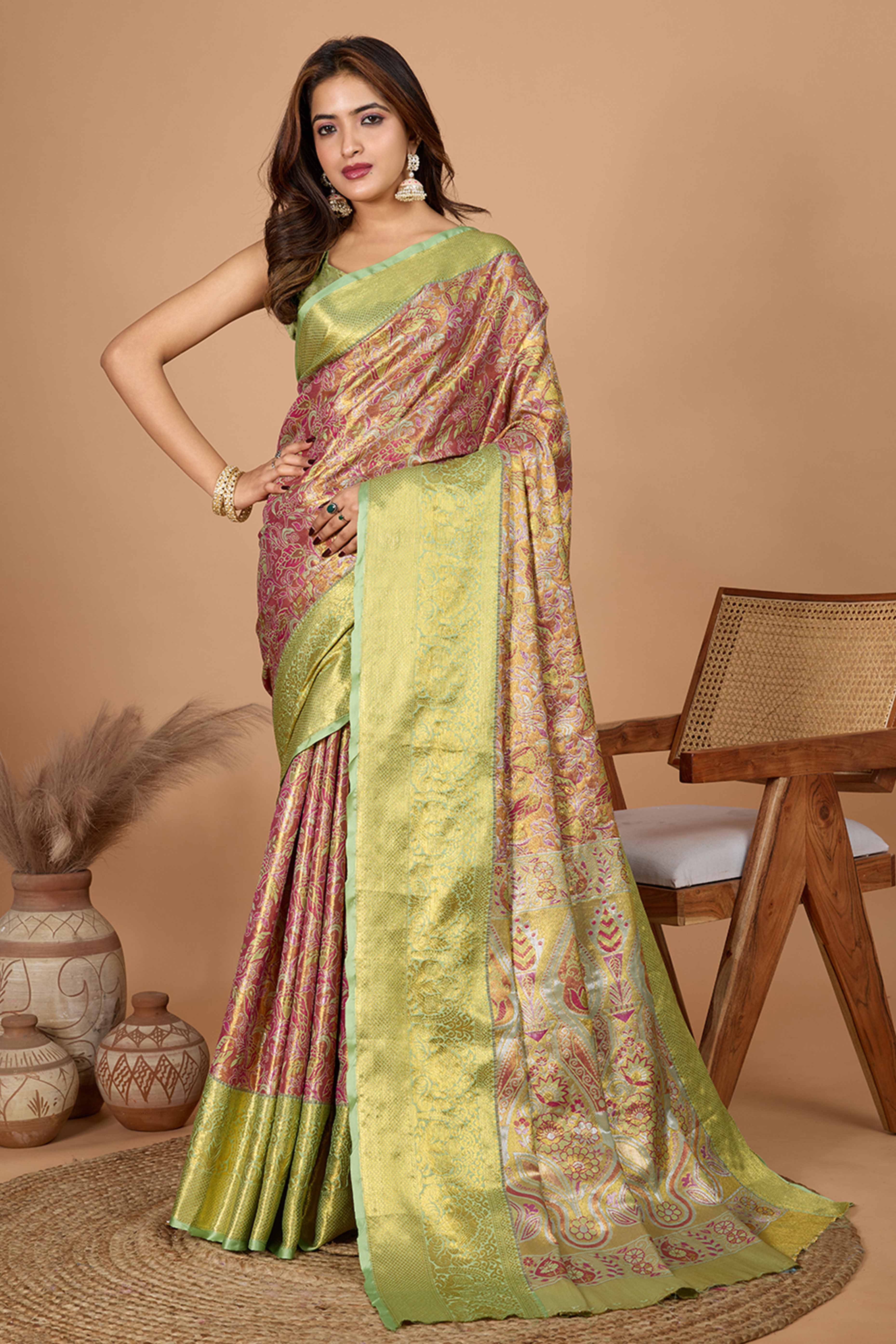 Green Kanjivaram Silk Saree Adorned With Exquisite Floral Zari Weaving