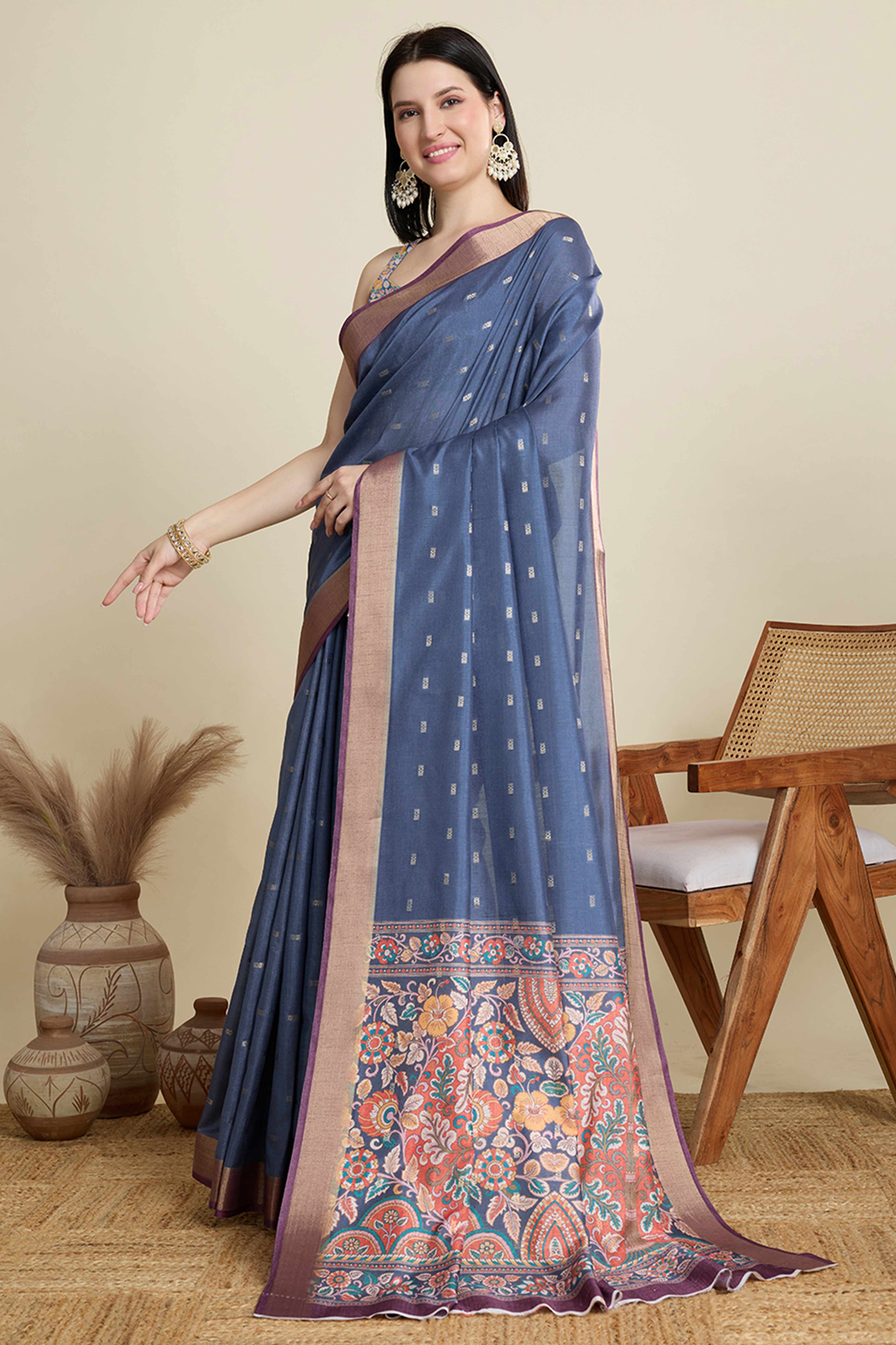 Blue Cotton Blend Saree with Traditional Weaving Butti Work and Gleaming Zari Border