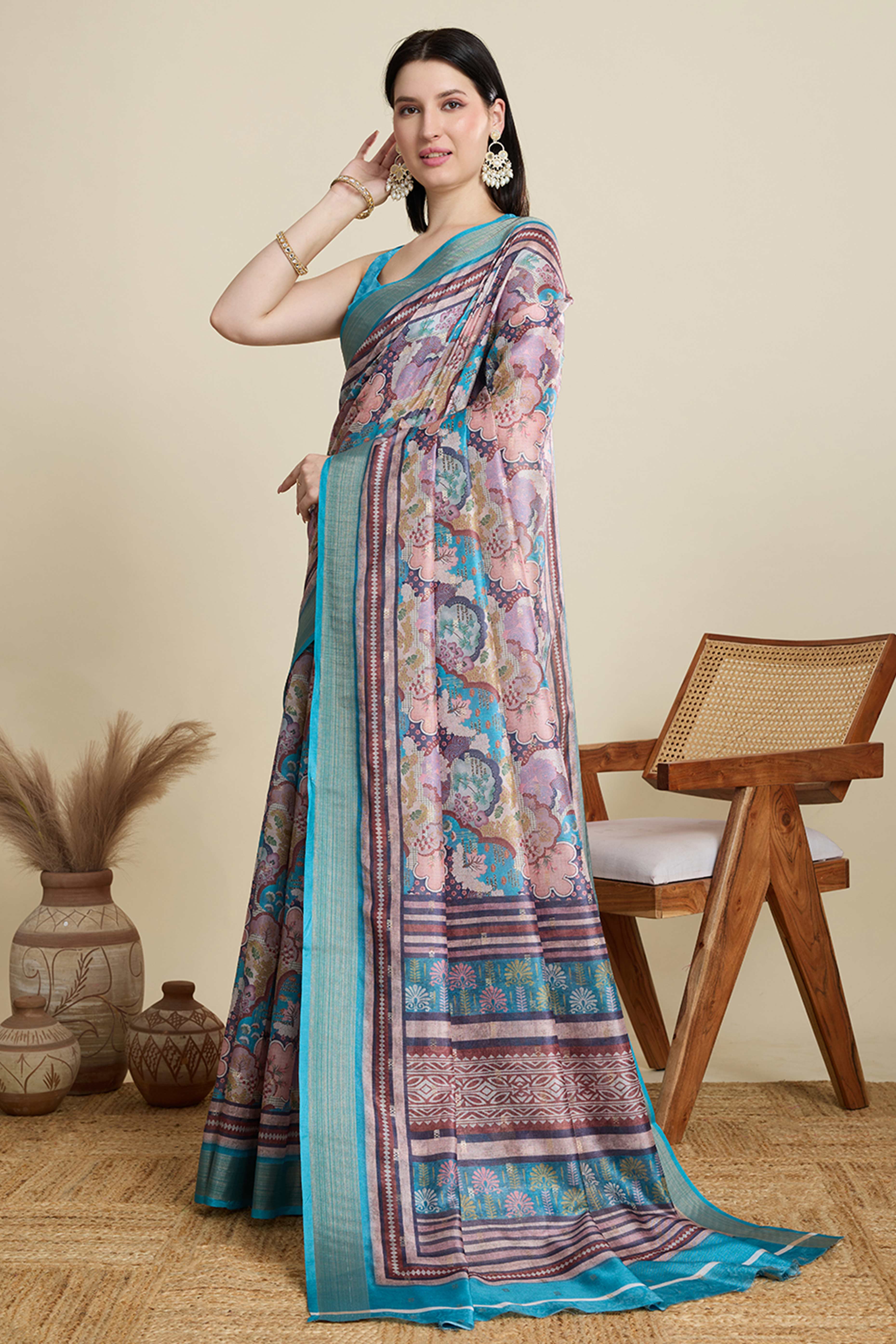 Multicolor Cotton Blend Saree Featuring Floral Prints and a Festive Zari Border Accent