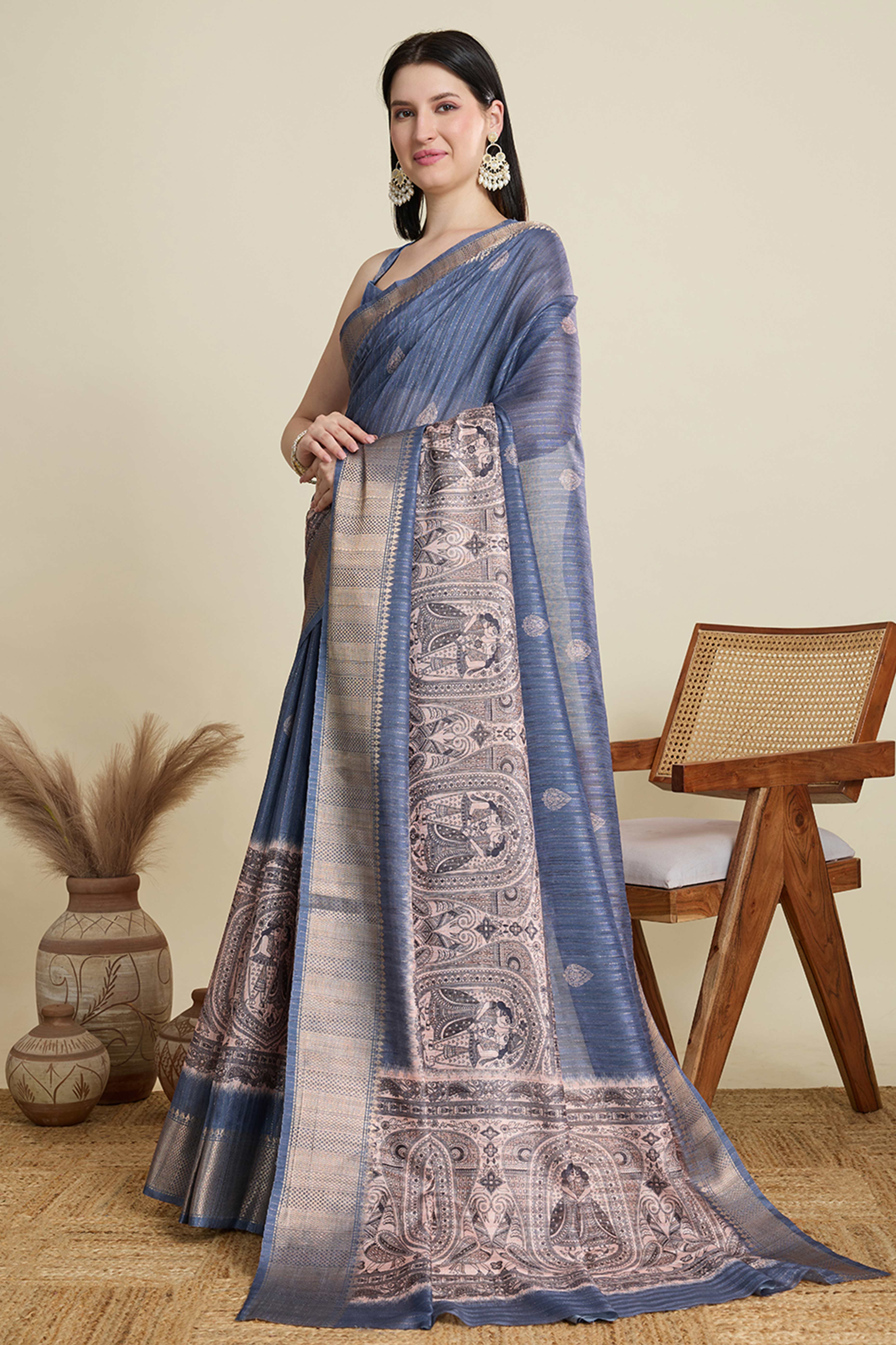 Blue Cotton Blend Saree Featuring Floral Prints and a Festive Zari Border Accent