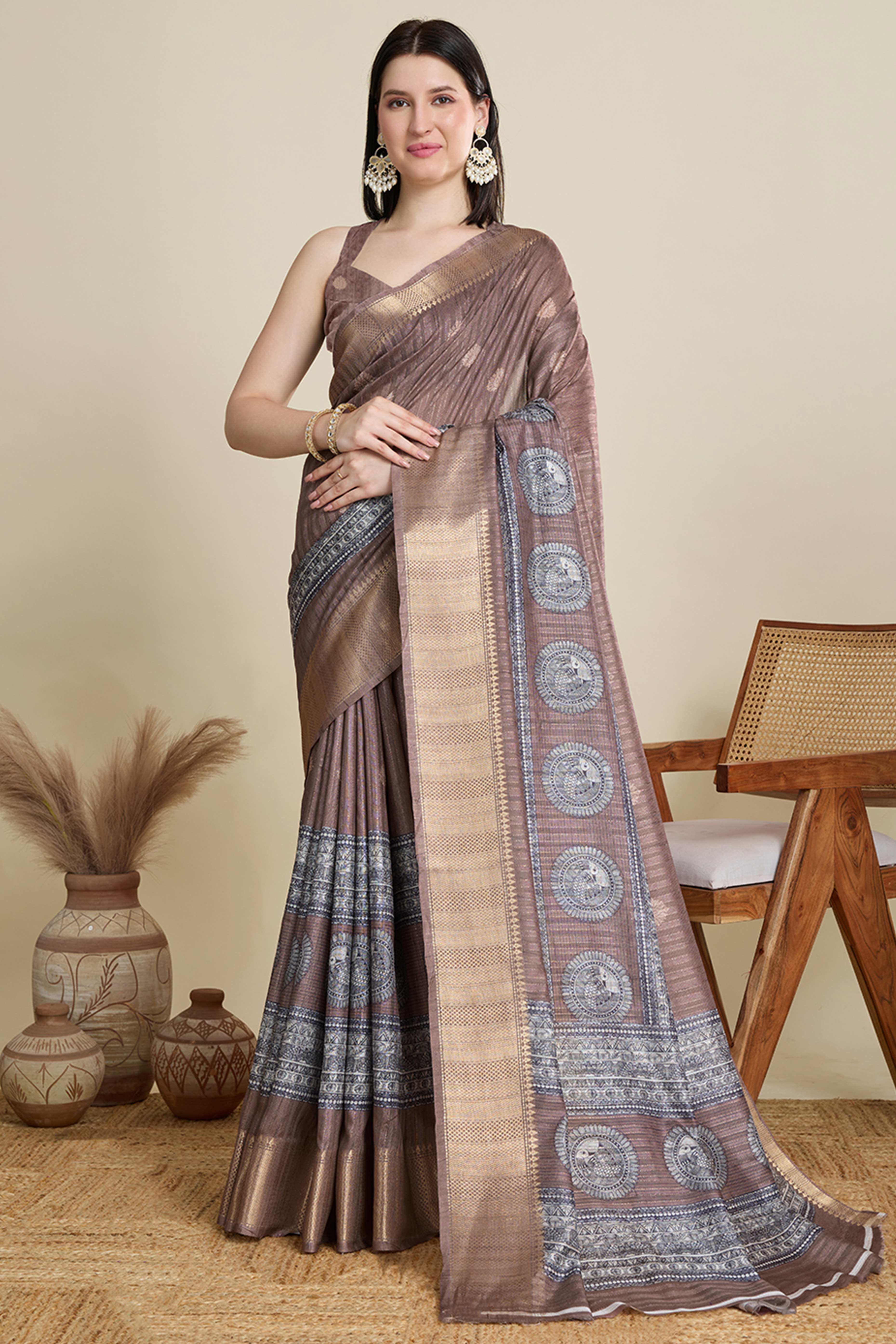 Coffee Brown Cotton Blend Saree Featuring Floral Prints and a Festive Zari Border Accent