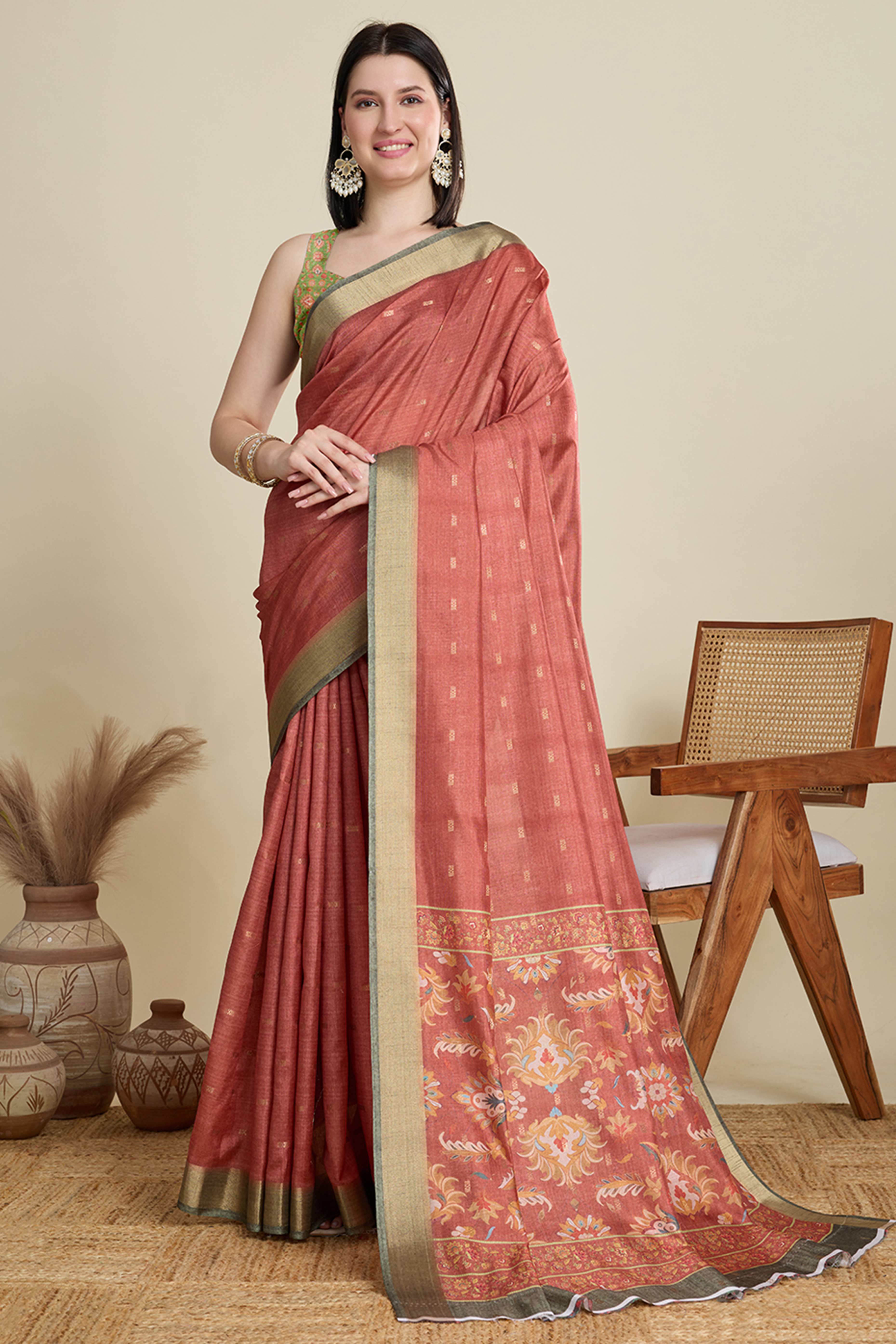 Rust Cotton Blend Saree with Traditional Weaving Butti Work and Gleaming Zari Border