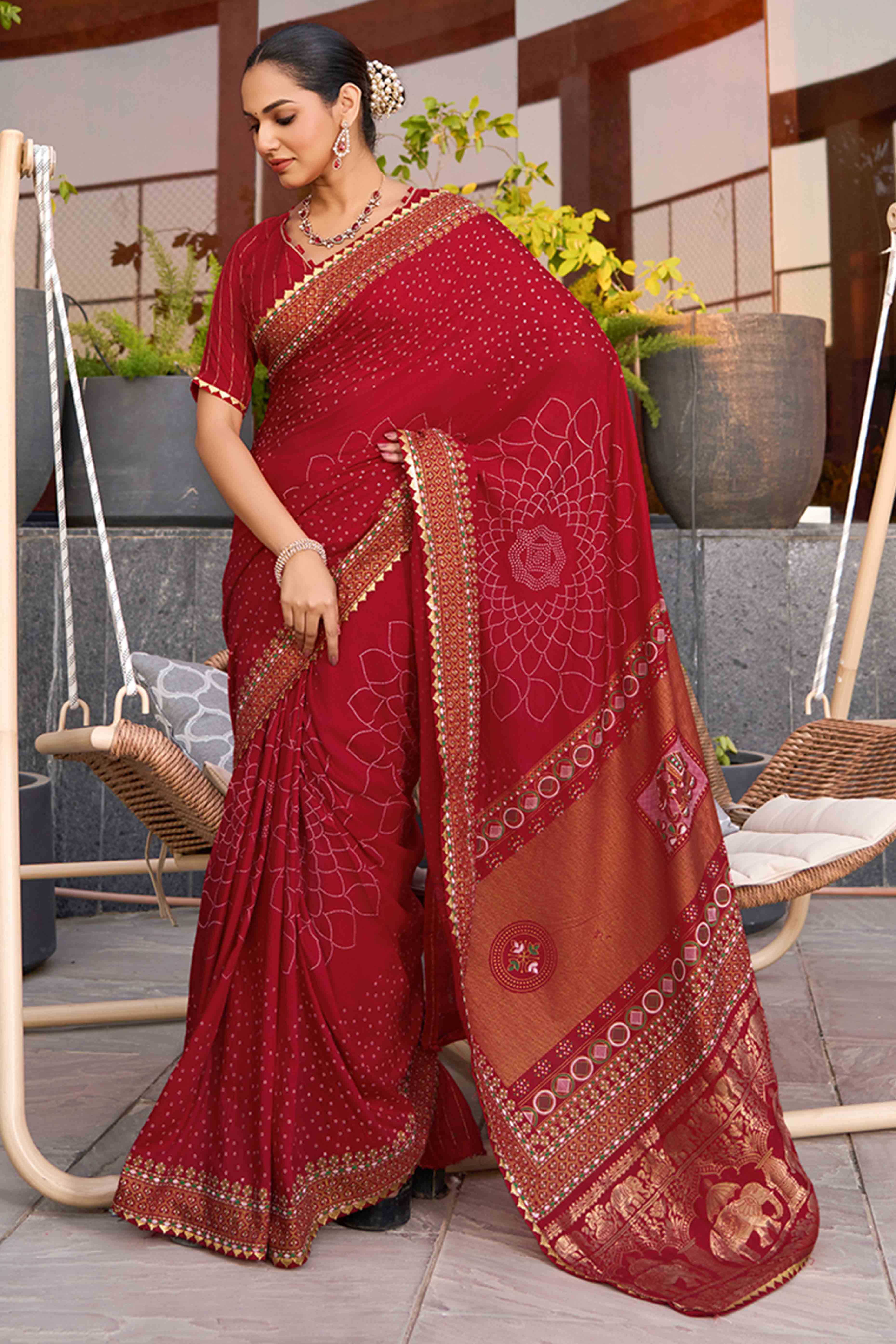 Celebrate Heritage With Red Bandhani Foil Printed Cotton Silk Sarree With Lace Border