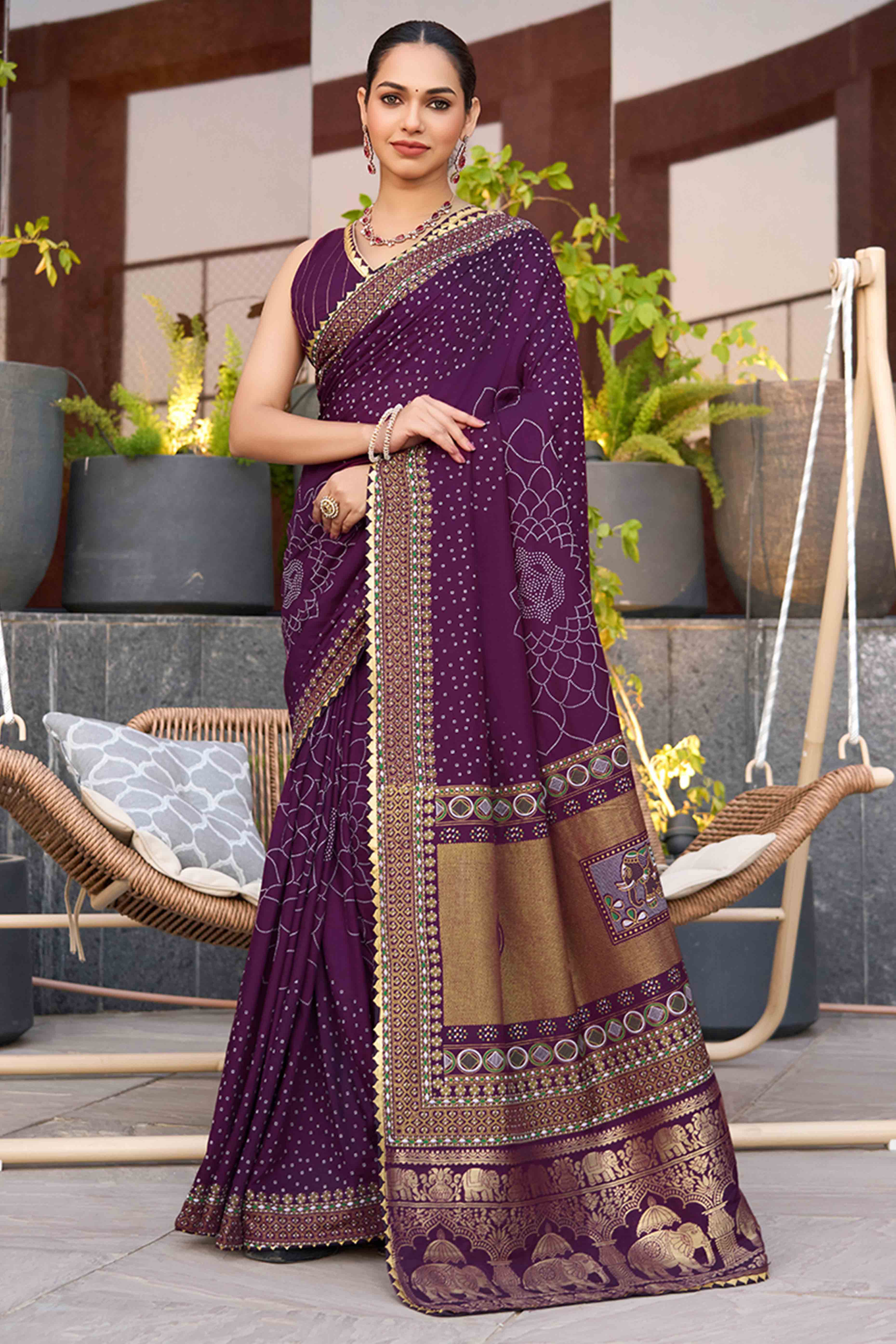 Experience Timeless Beauty With Wine Bandhani Foil Printed Cotton Silk Sarree With Lace Border