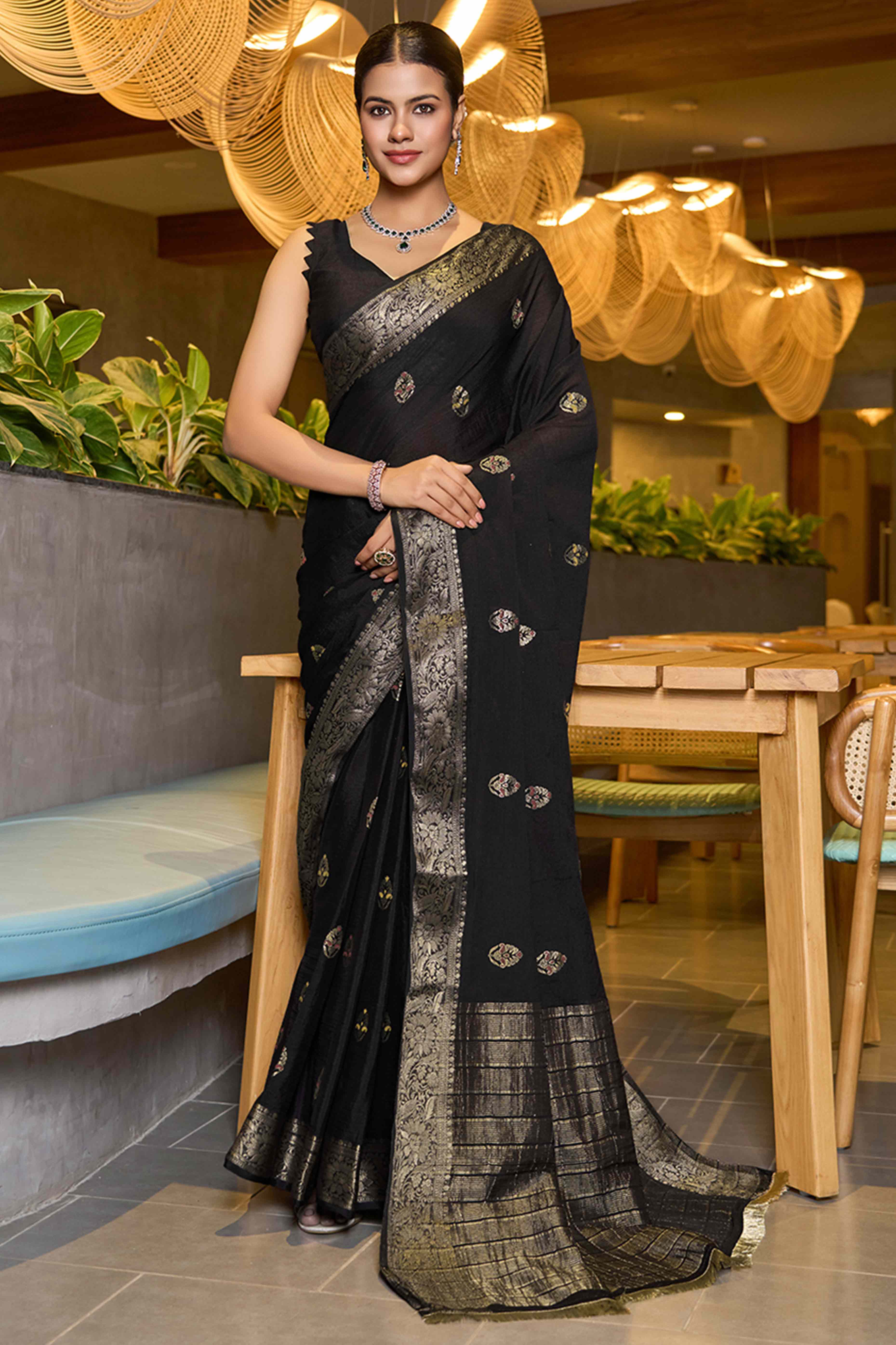 Feel The Luxury Of Black Floral Woven Chinon Silk Saree