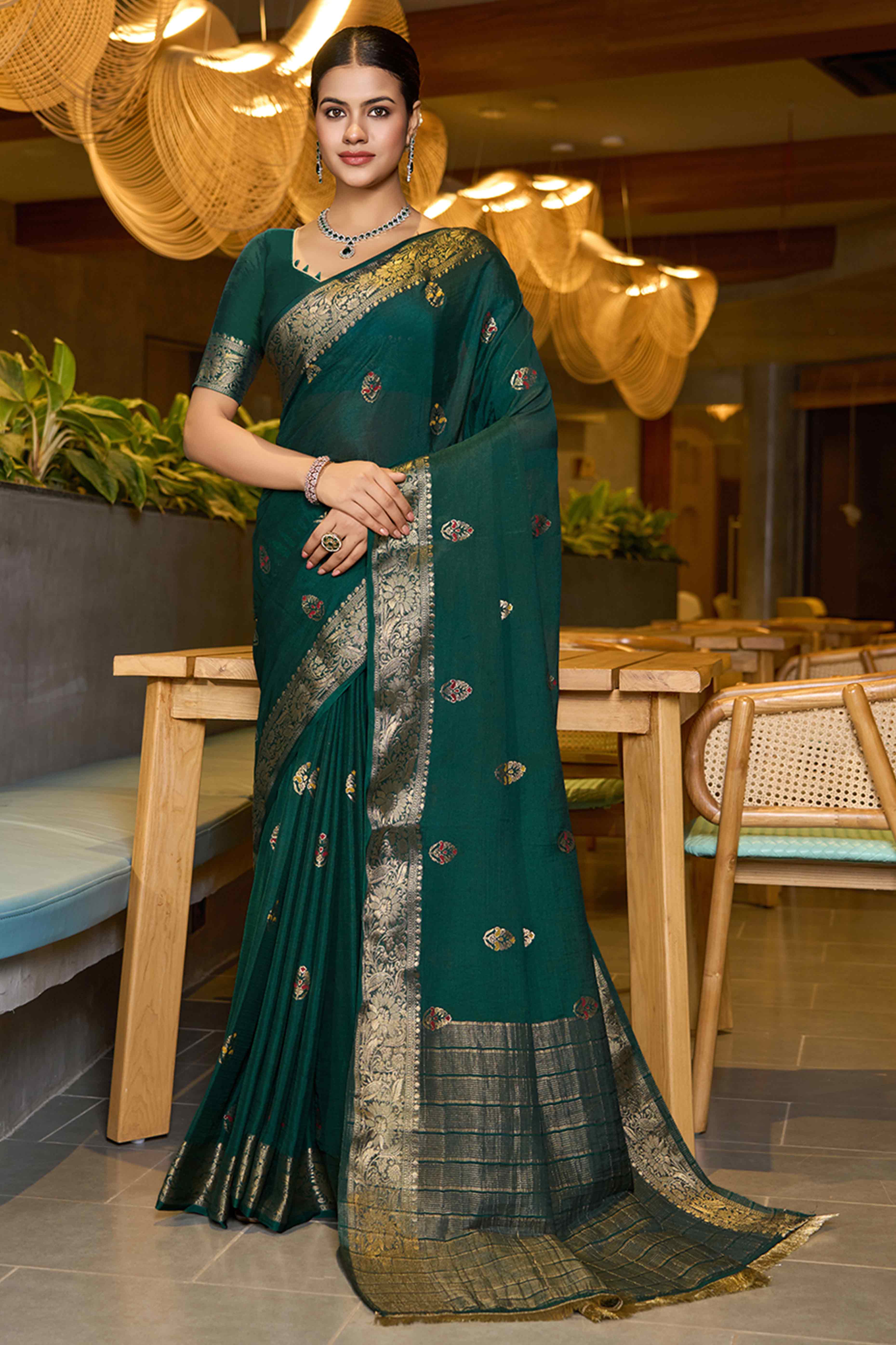 Experience Timeless Beauty With Green Floral Woven Chinon Silk Saree