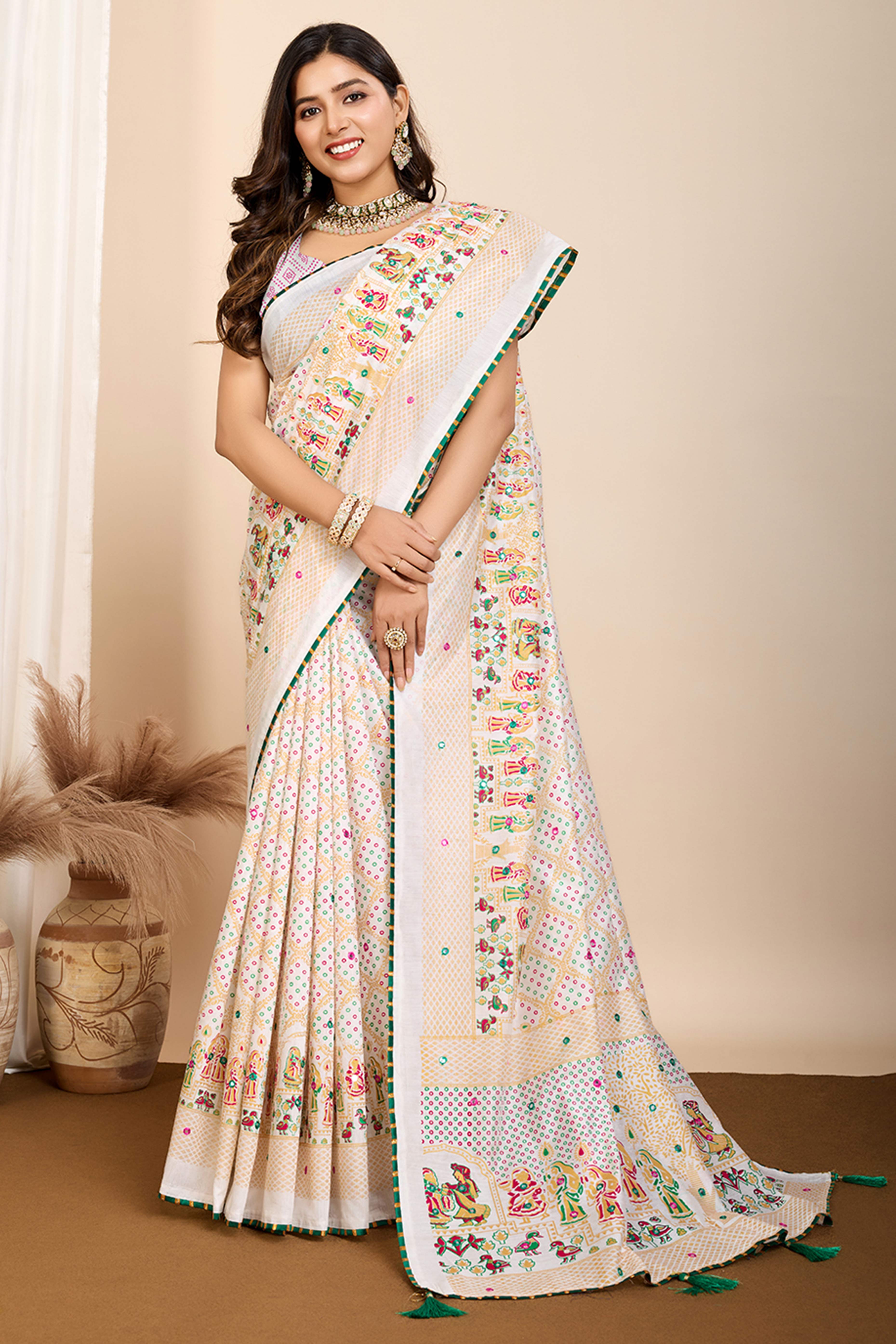 Off White Mirror Work Bandhani Printed Muslin Saree