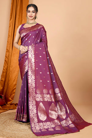 Wine Banarasi Silk Saree With Intricate Floral Zari Weaving