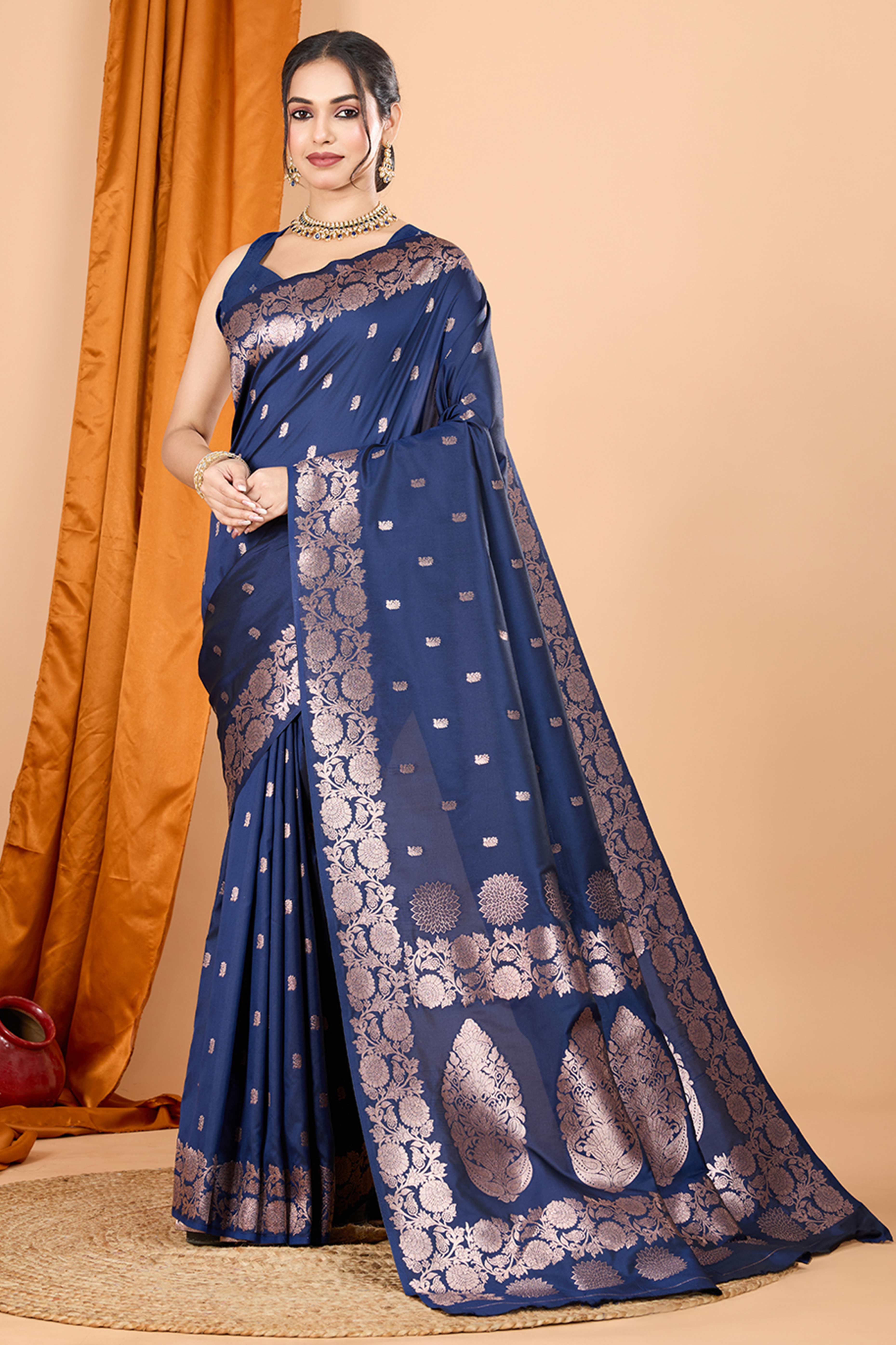 Navy Blue Banarasi Silk Saree With Intricate Floral Zari Weaving