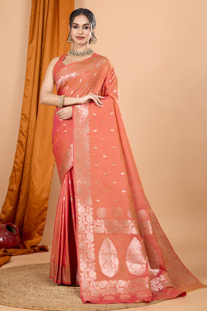 Peach Banarasi Silk Saree With Intricate Floral Zari Weaving