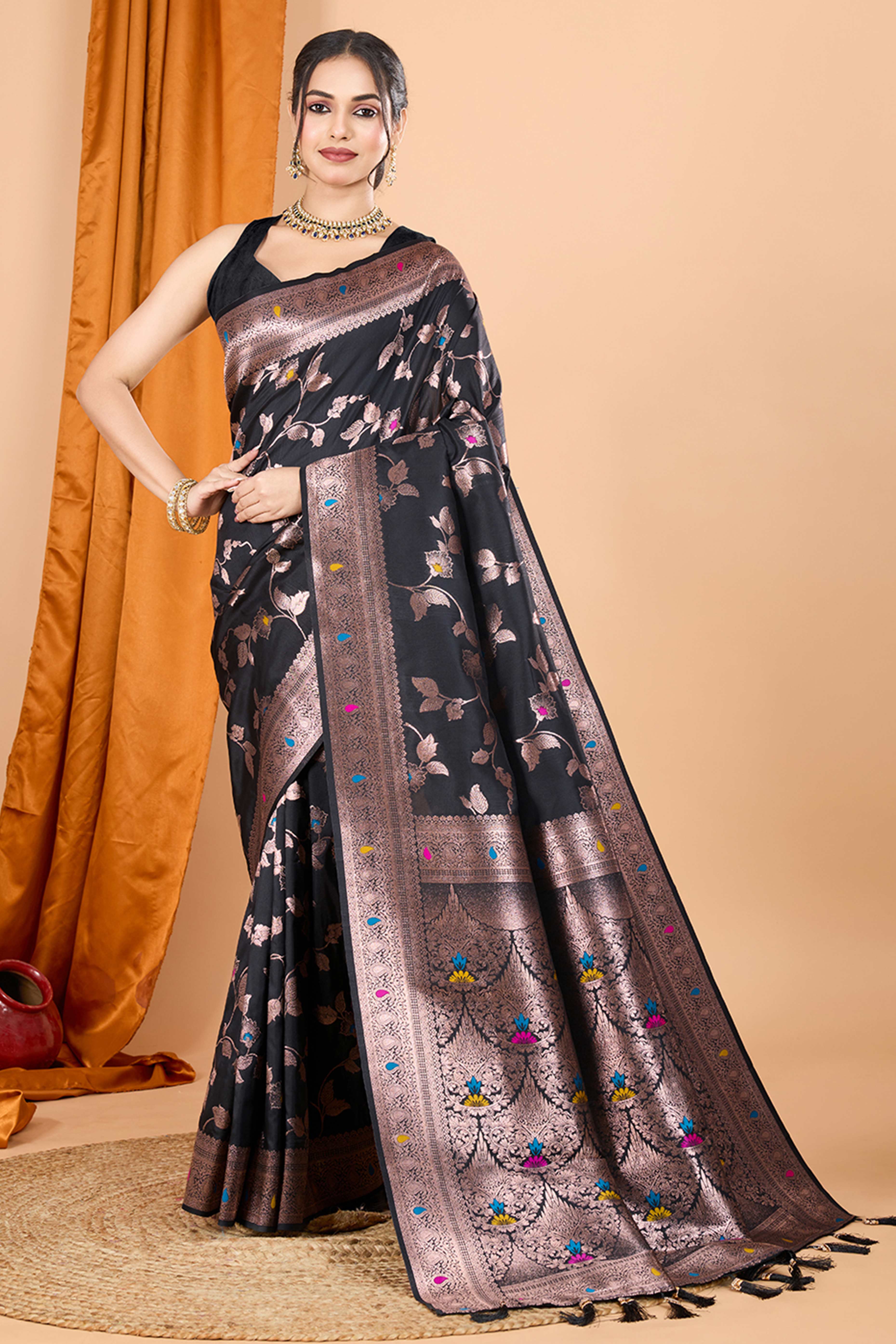 Black Banarasi Silk Saree With Exquisite Floral Zari Weaving and Elegant Tassels