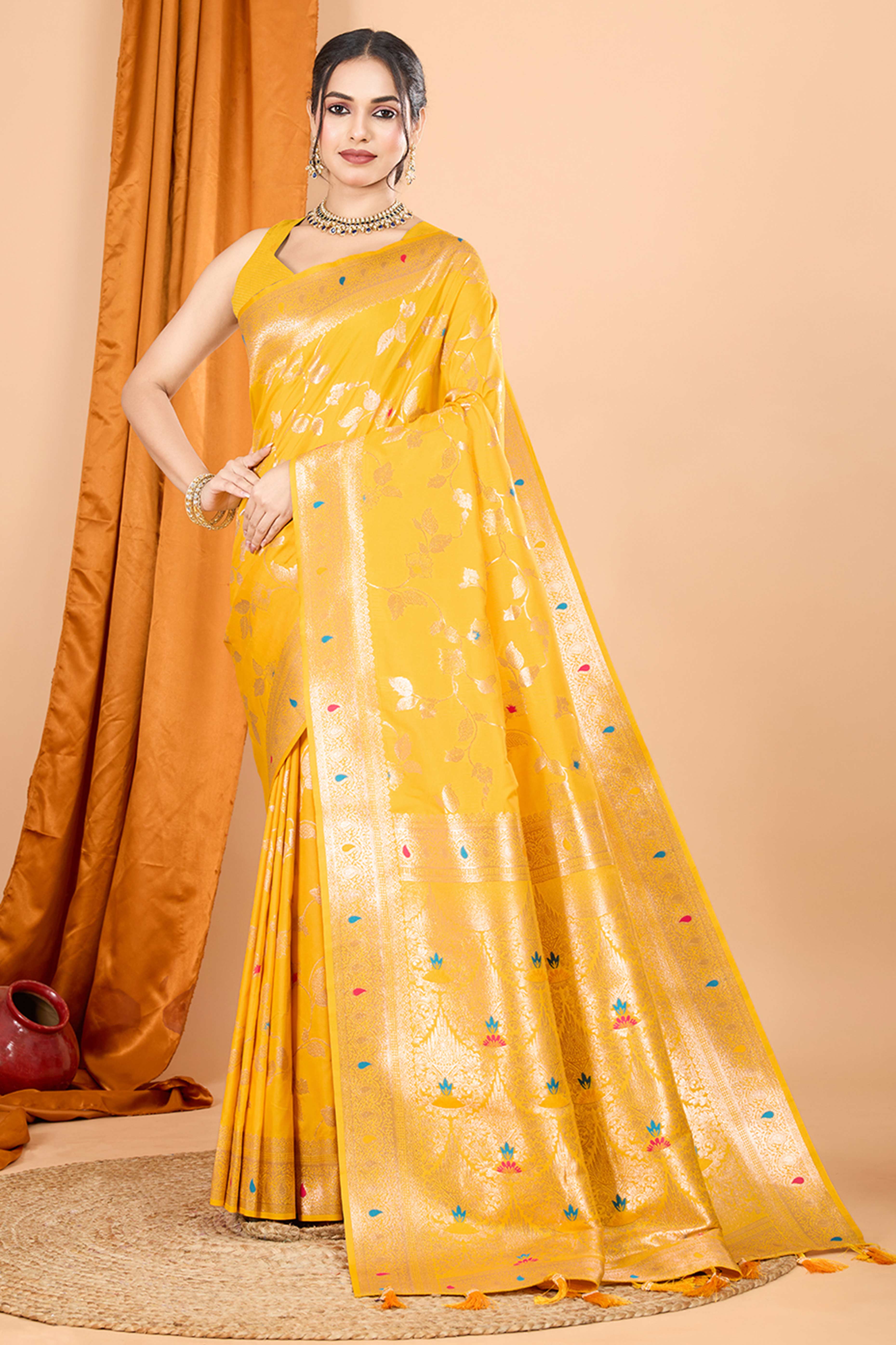 Yellow Banarasi Silk Saree With Exquisite Floral Zari Weaving and Elegant Tassels