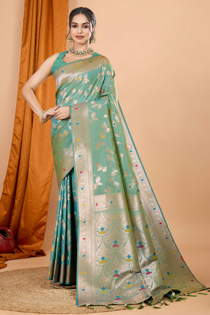 Rama Green Banarasi Silk Saree With Exquisite Floral Zari Weaving and Elegant Tassels