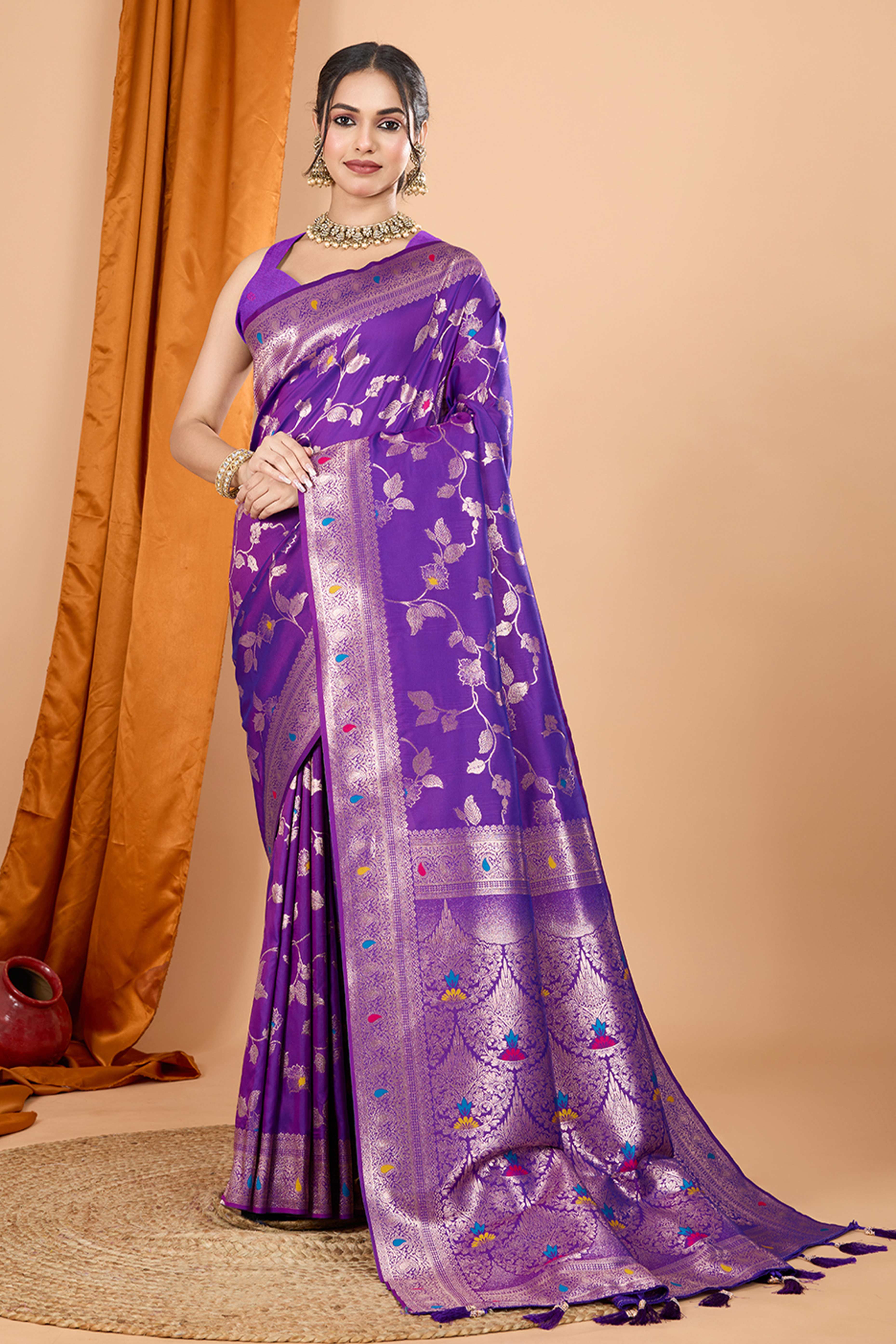 Violet Banarasi Silk Saree With Exquisite Floral Zari Weaving and Elegant Tassels