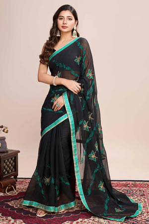 Black Floral Embroidered Georgette Saree