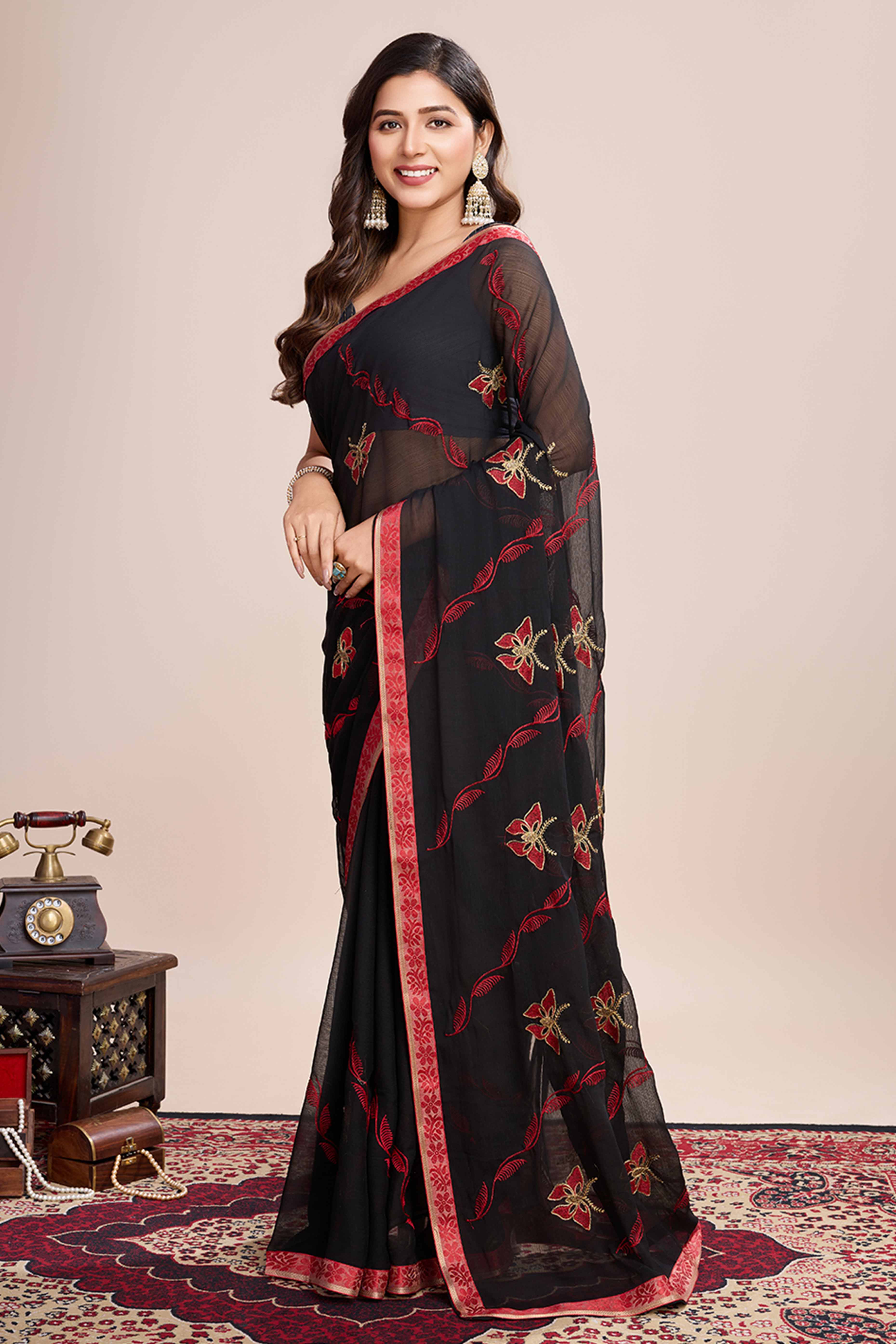Black Floral Embroidered Georgette Saree