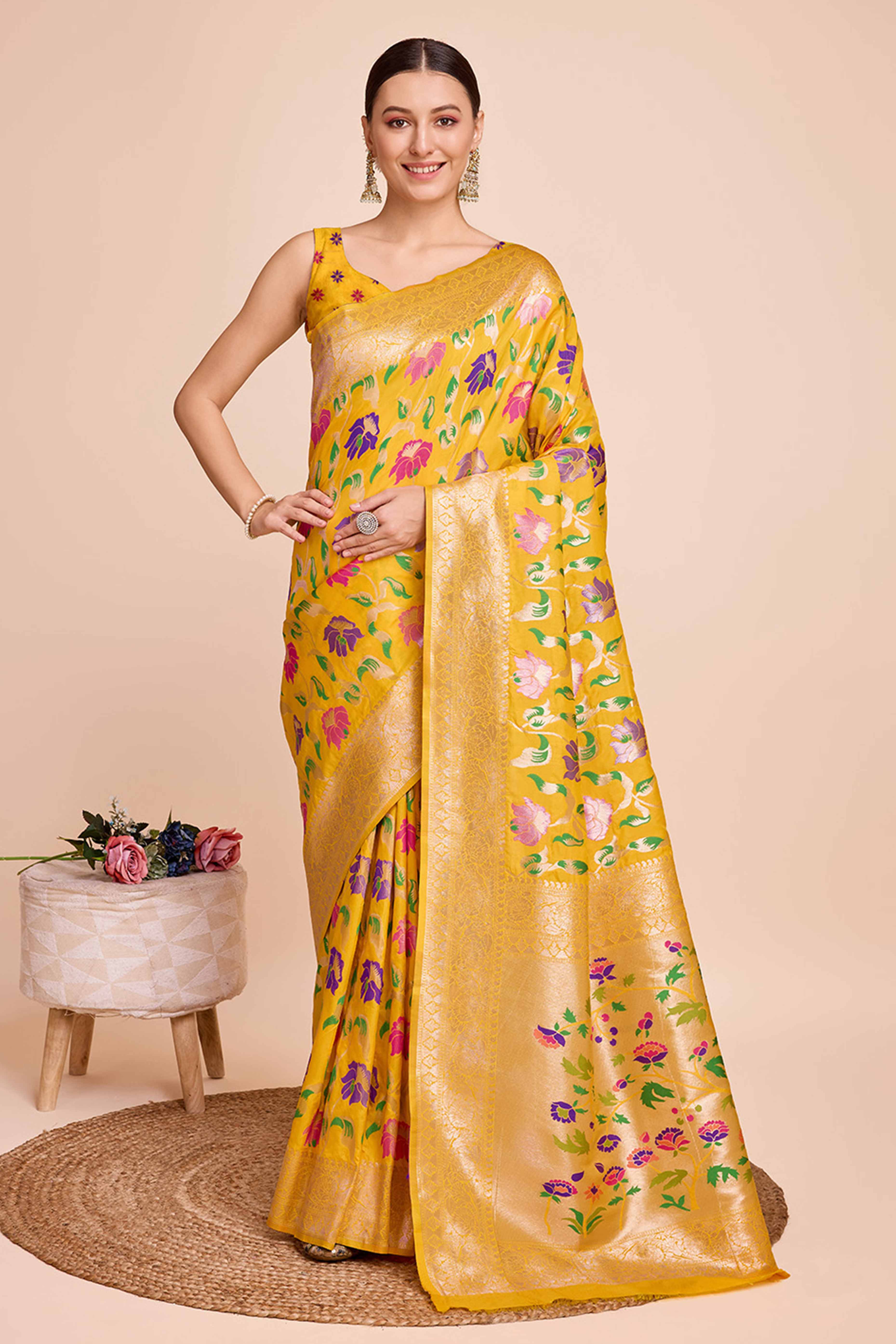 Mustard Floral Zari Weaving Pure Silk Paithani Saree