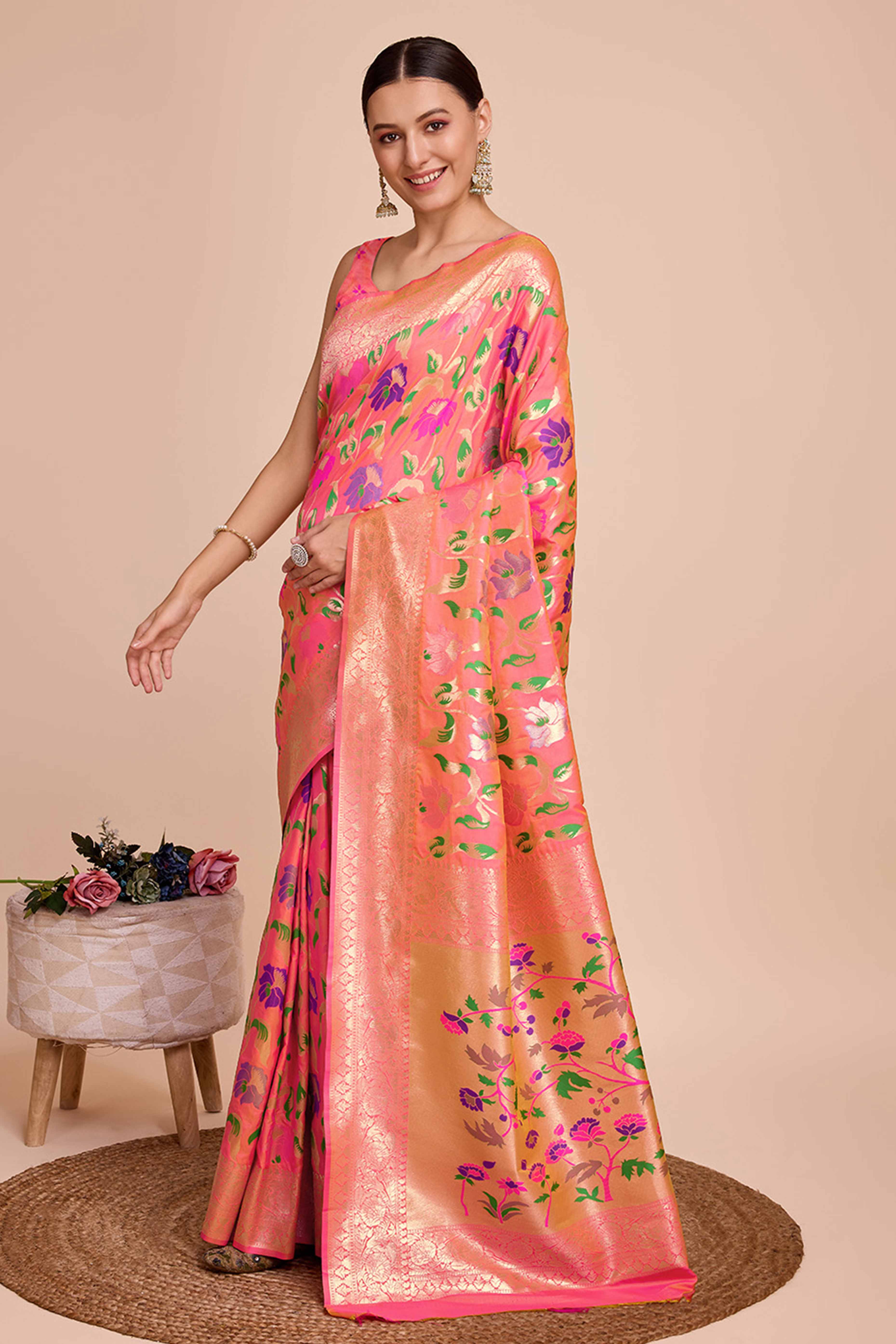 Peach Floral Zari Weaving Pure Silk Paithani Saree