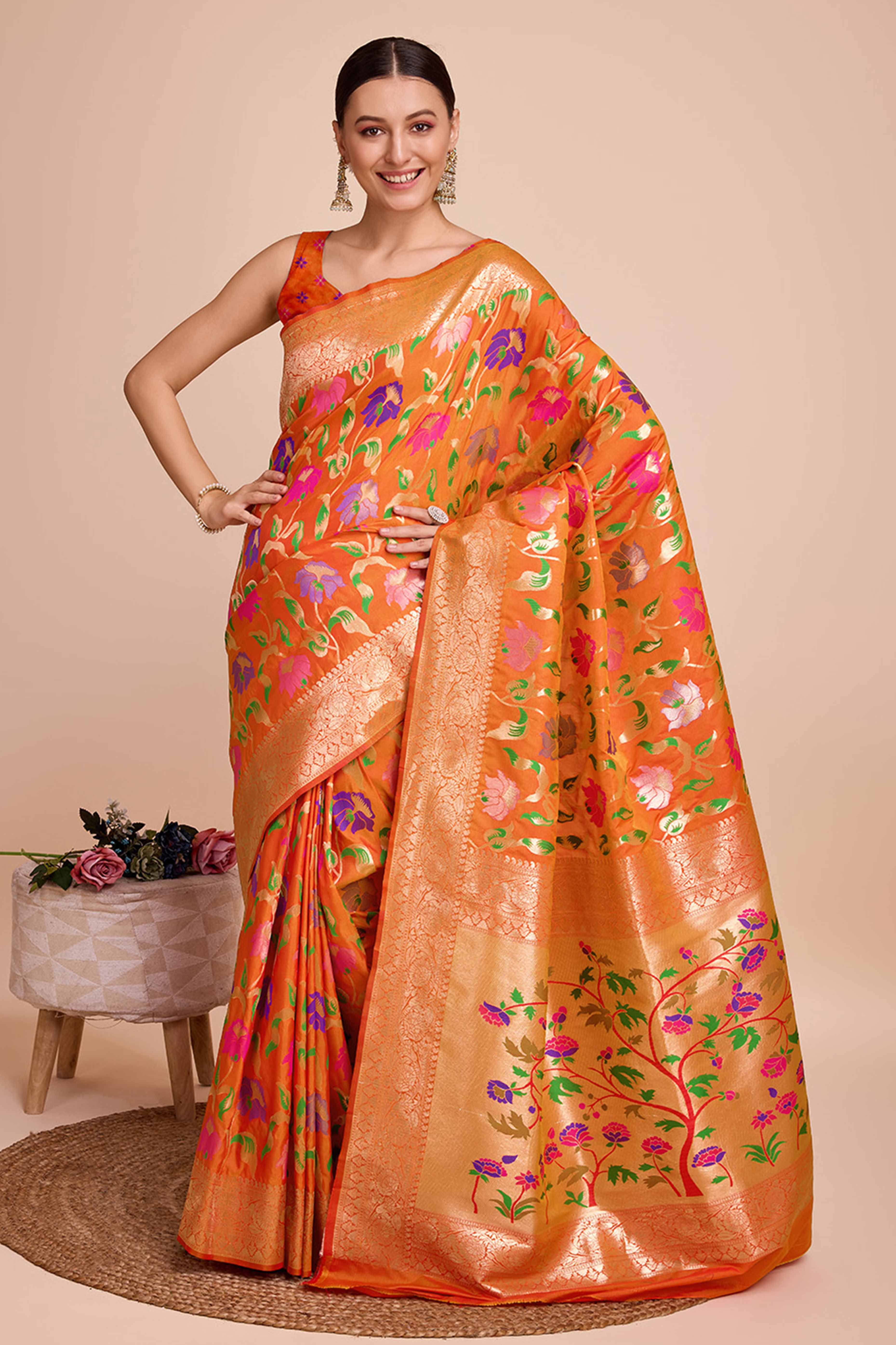 Orange Floral Zari Weaving Pure Silk Paithani Saree