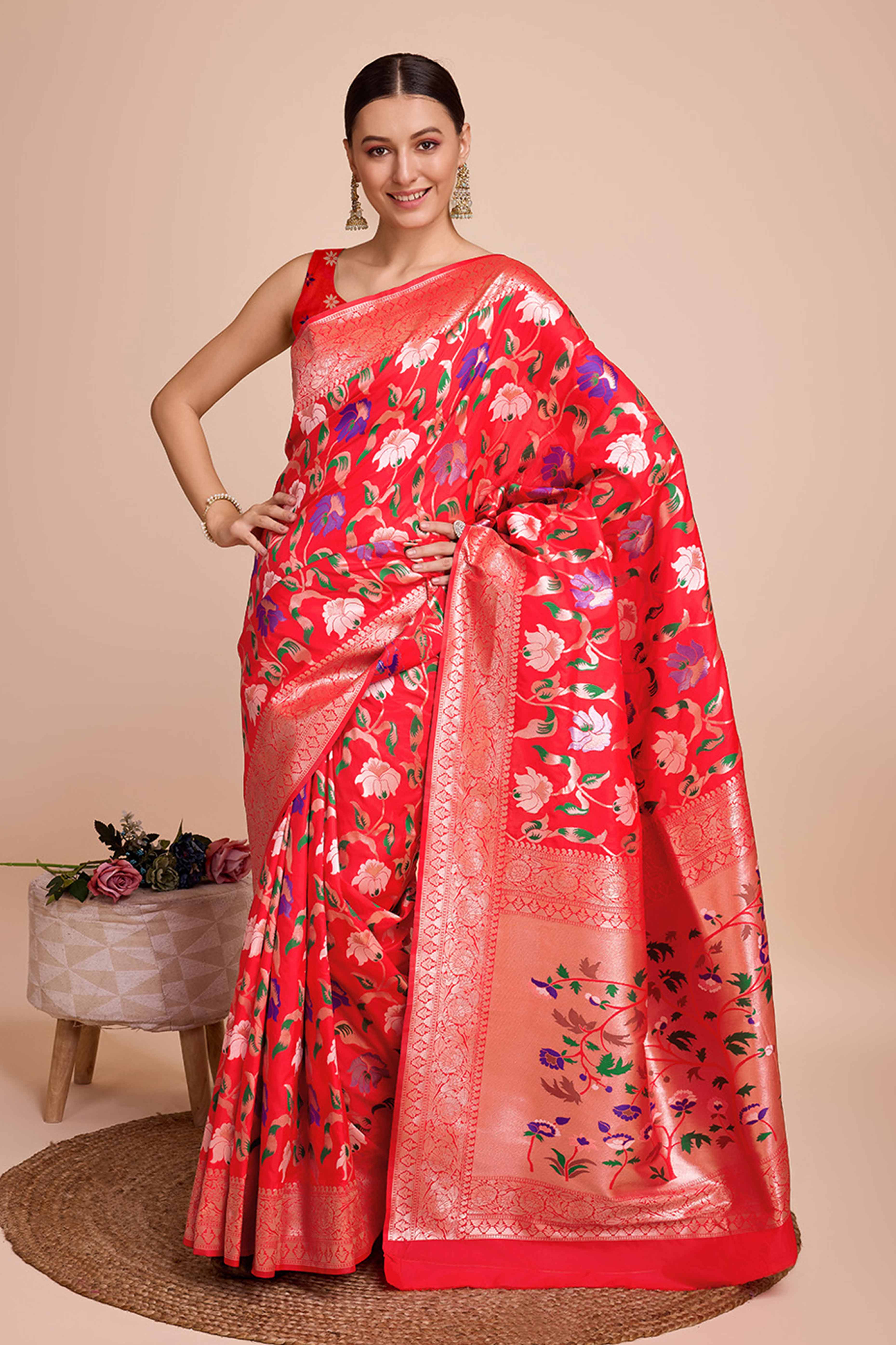 Red Floral Zari Weaving Pure Silk Paithani Saree