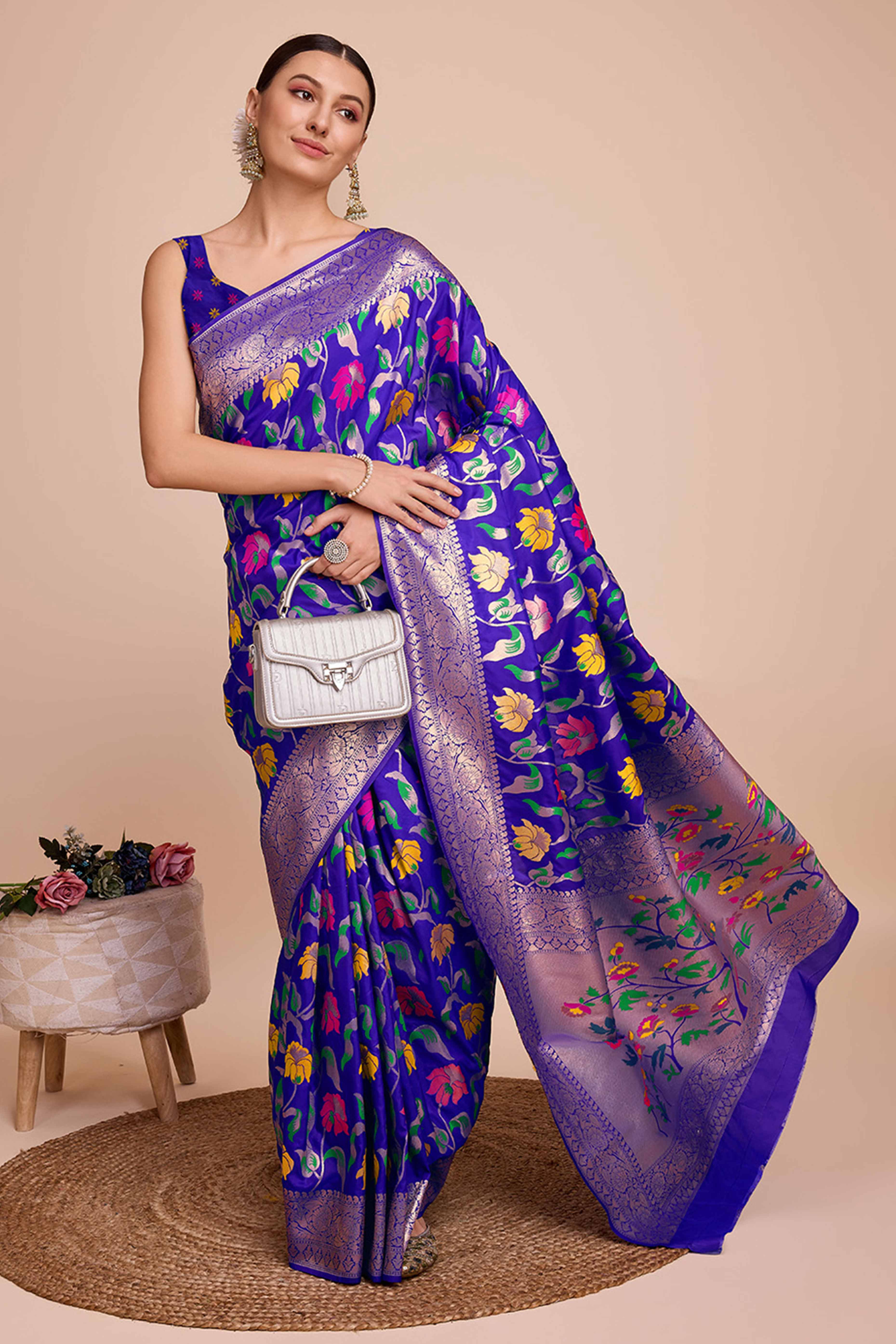 Purple Floral Zari Weaving Pure Silk Paithani Saree