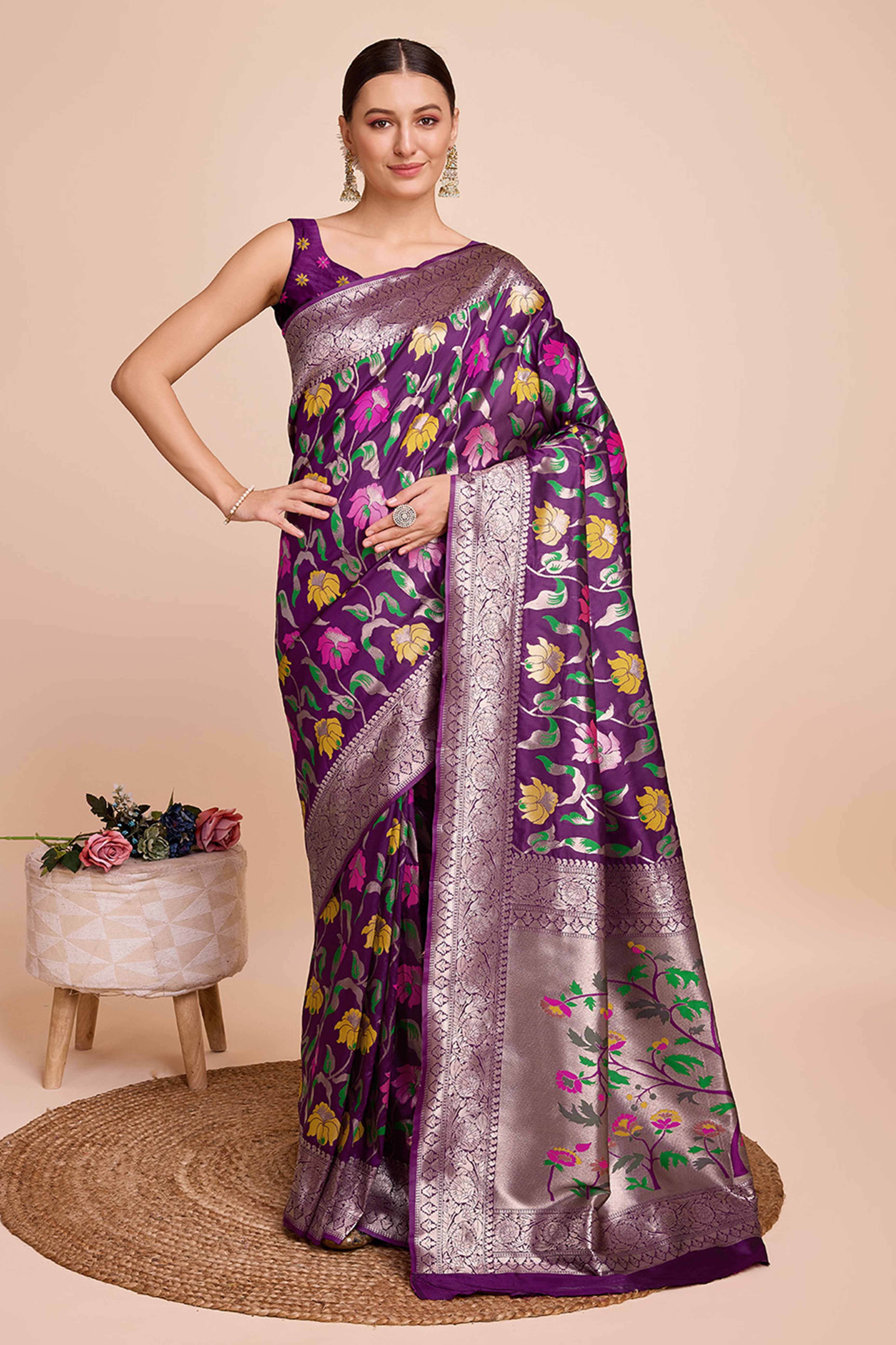 Wine Floral Zari Weaving Pure Silk Paithani Saree