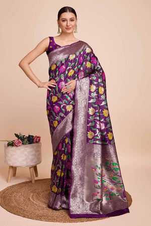Wine Floral Zari Weaving Pure Silk Paithani Saree