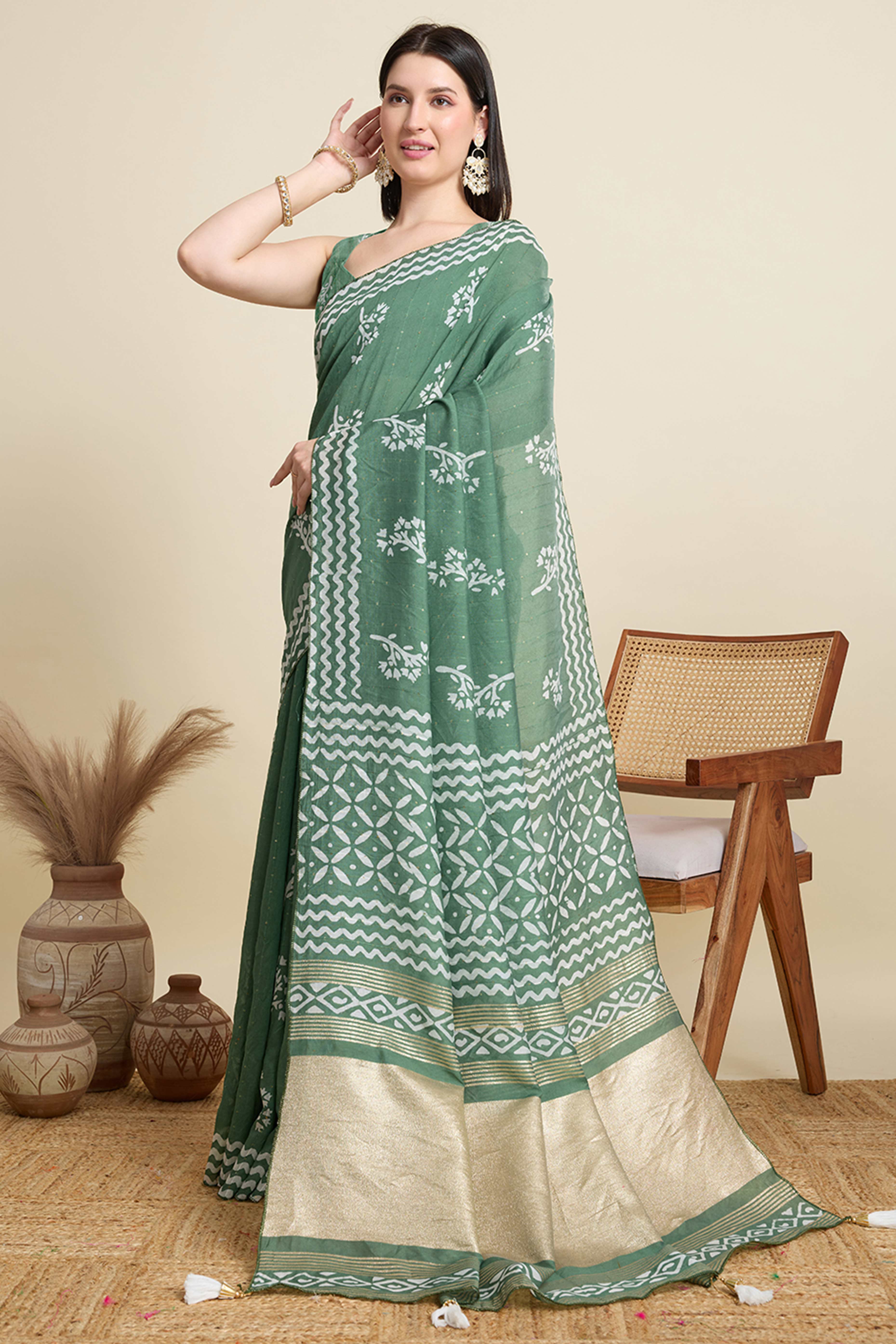 Pista Green Cotton Blend Saree Featuring Floral Prints and Elegant Sequins Work Accents