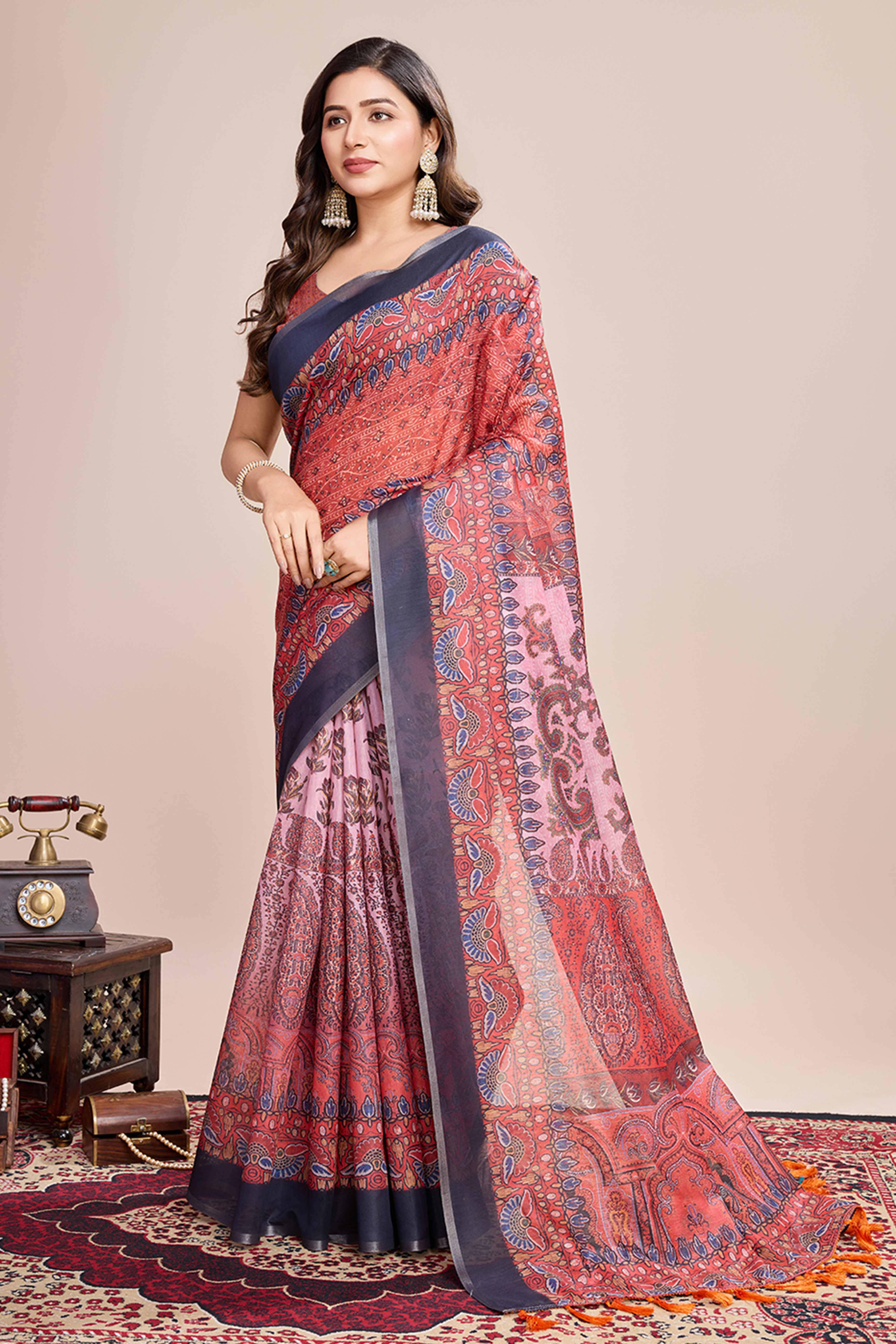 Red Floral Printed Linen Saree