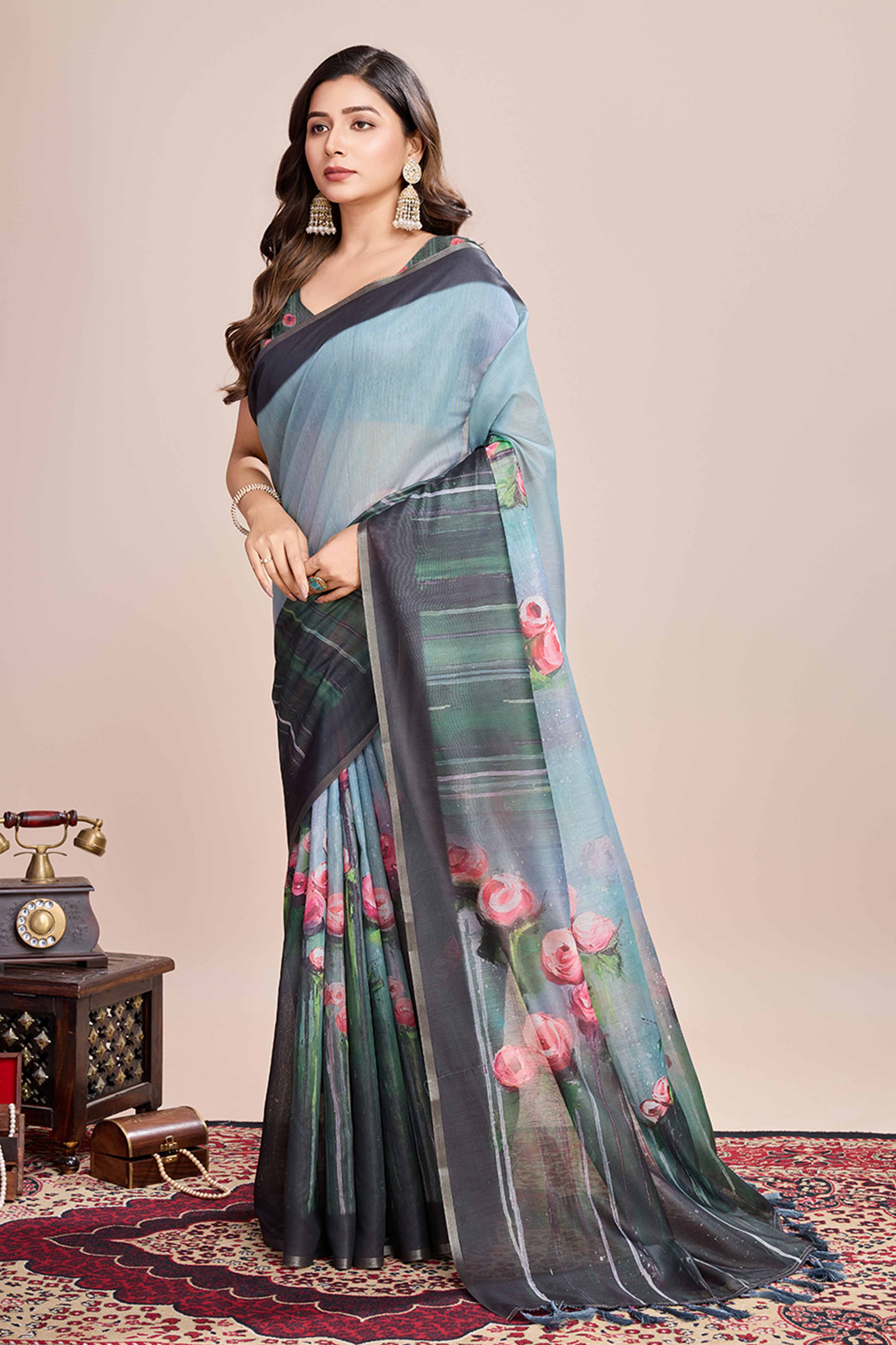 Sky Blue Floral Printed Linen Saree