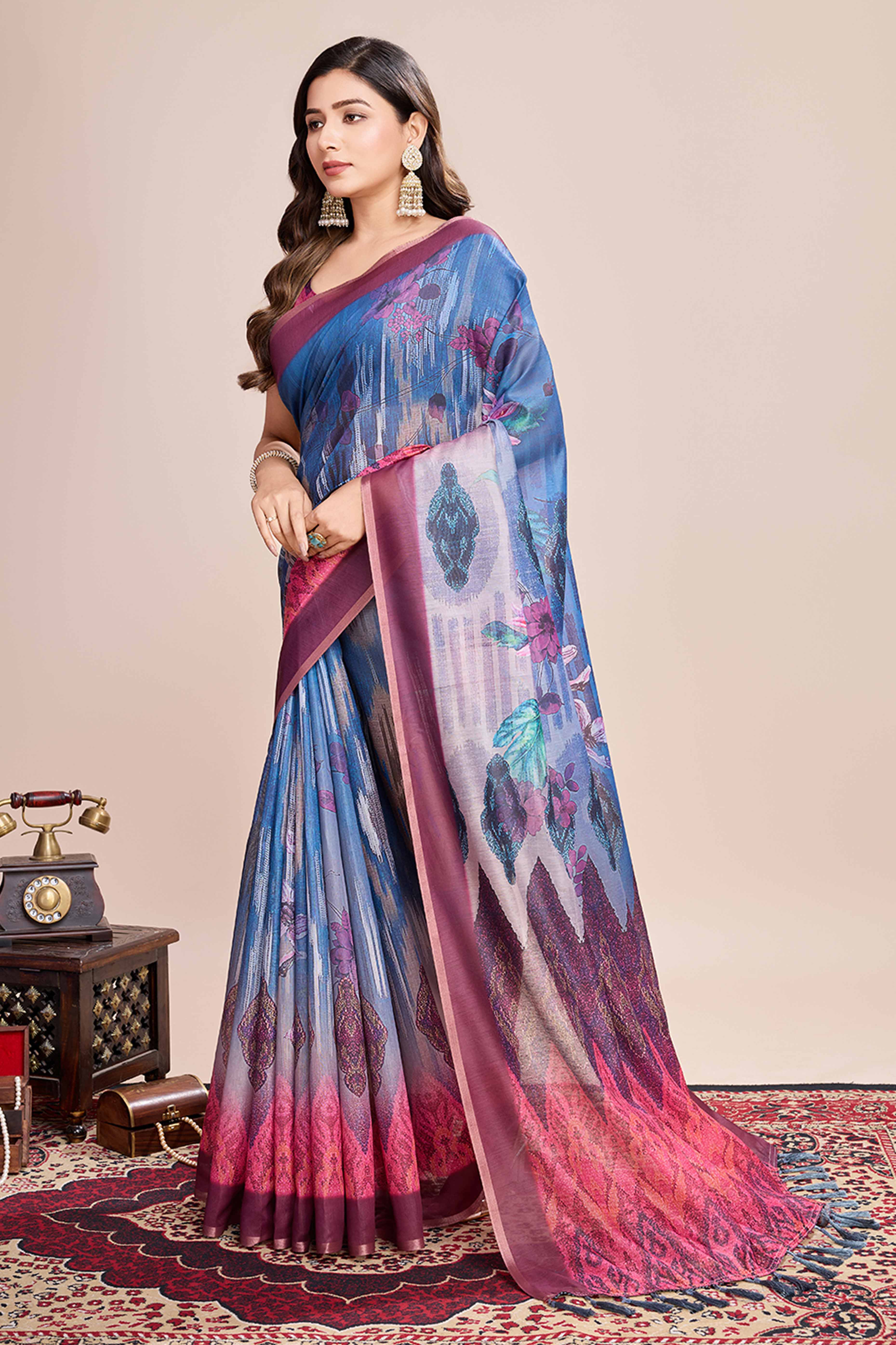 Blue Floral Printed Linen Saree