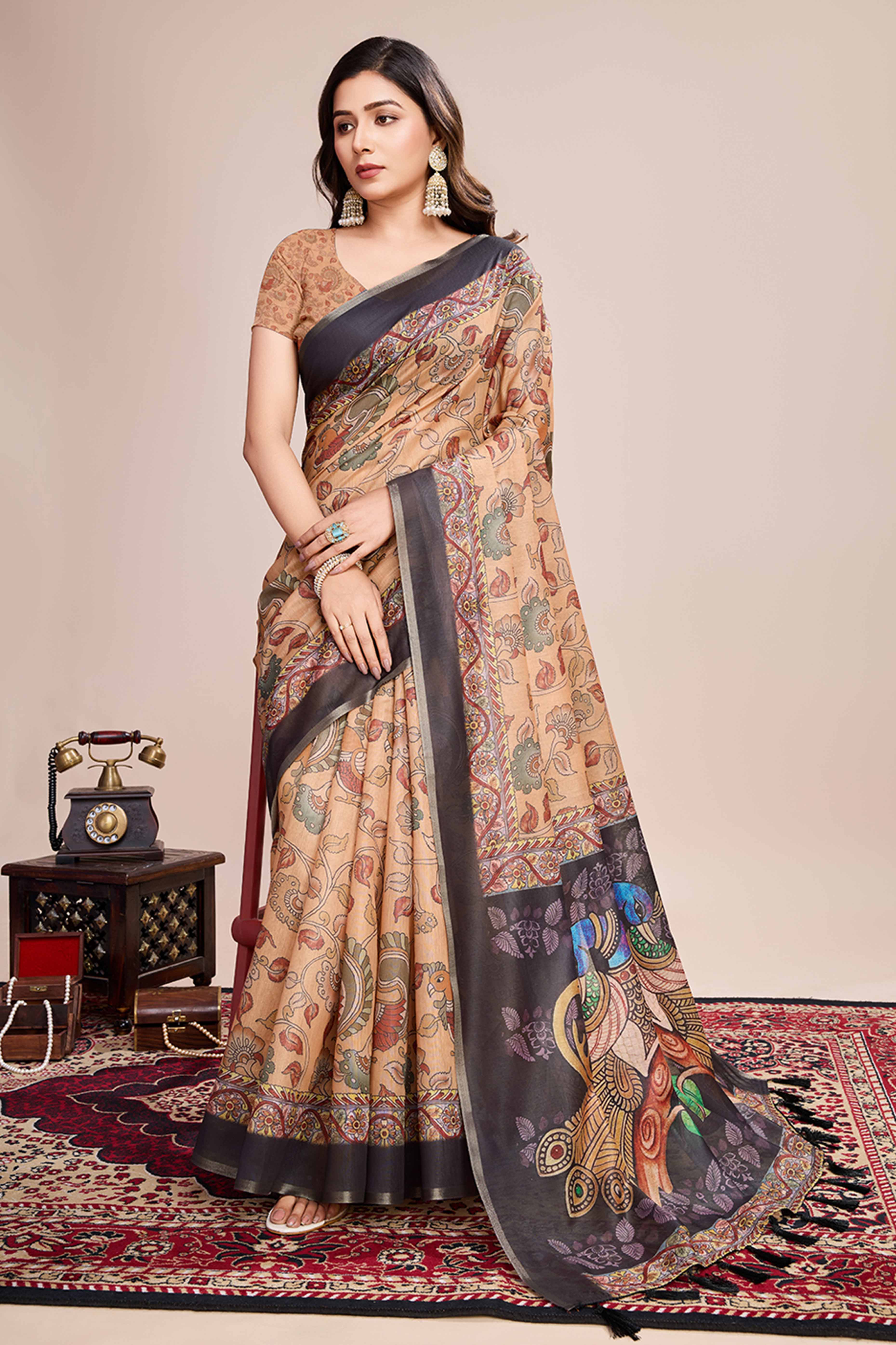Beige Floral Printed Linen Saree