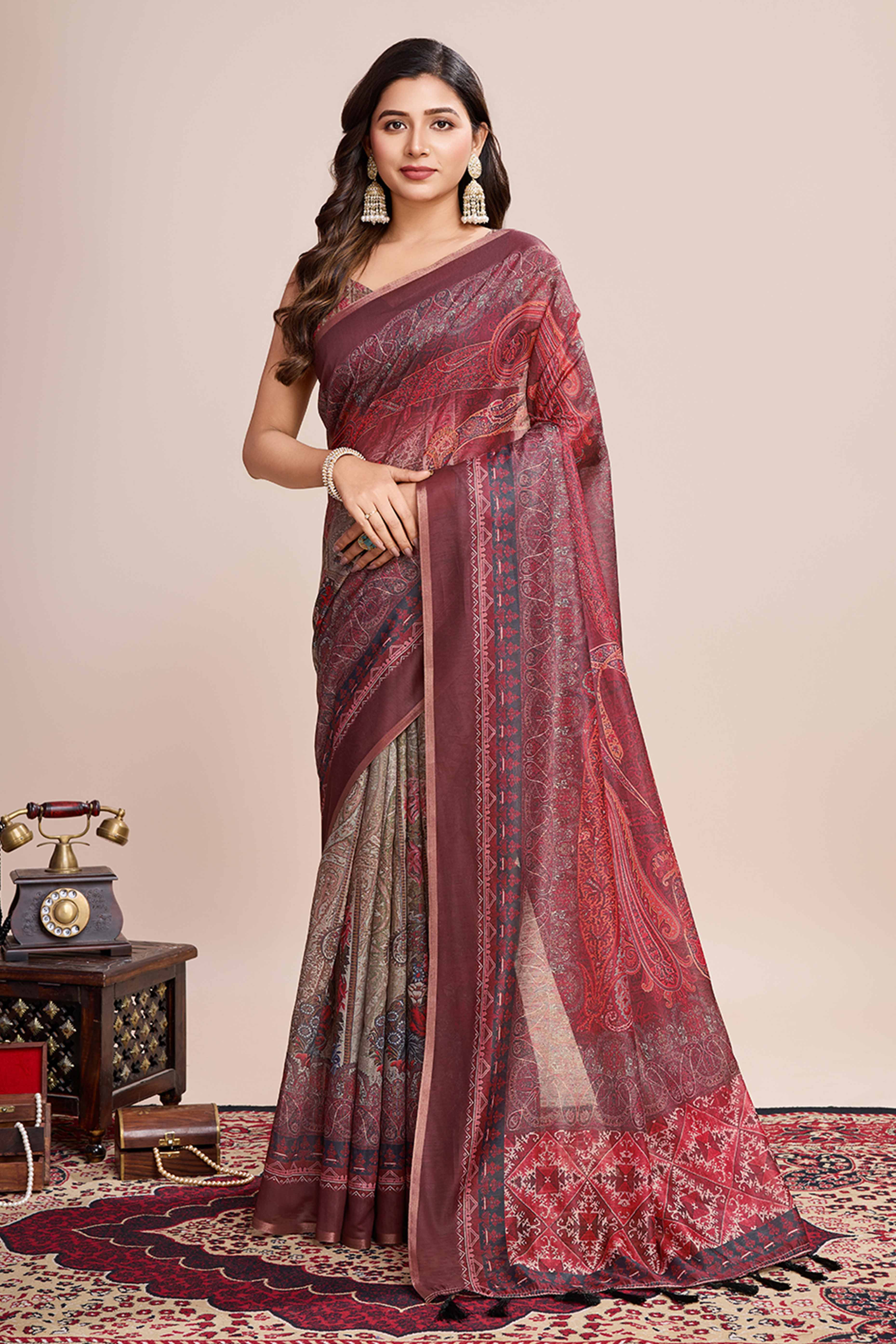 Wine Floral Printed Linen Saree