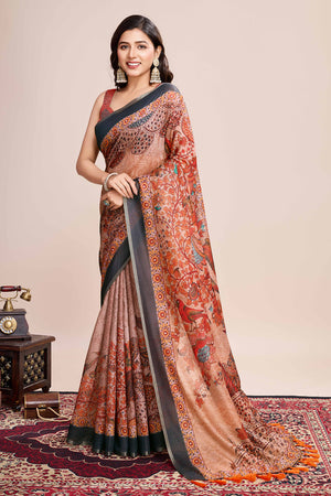 Beige Floral Printed Linen Saree