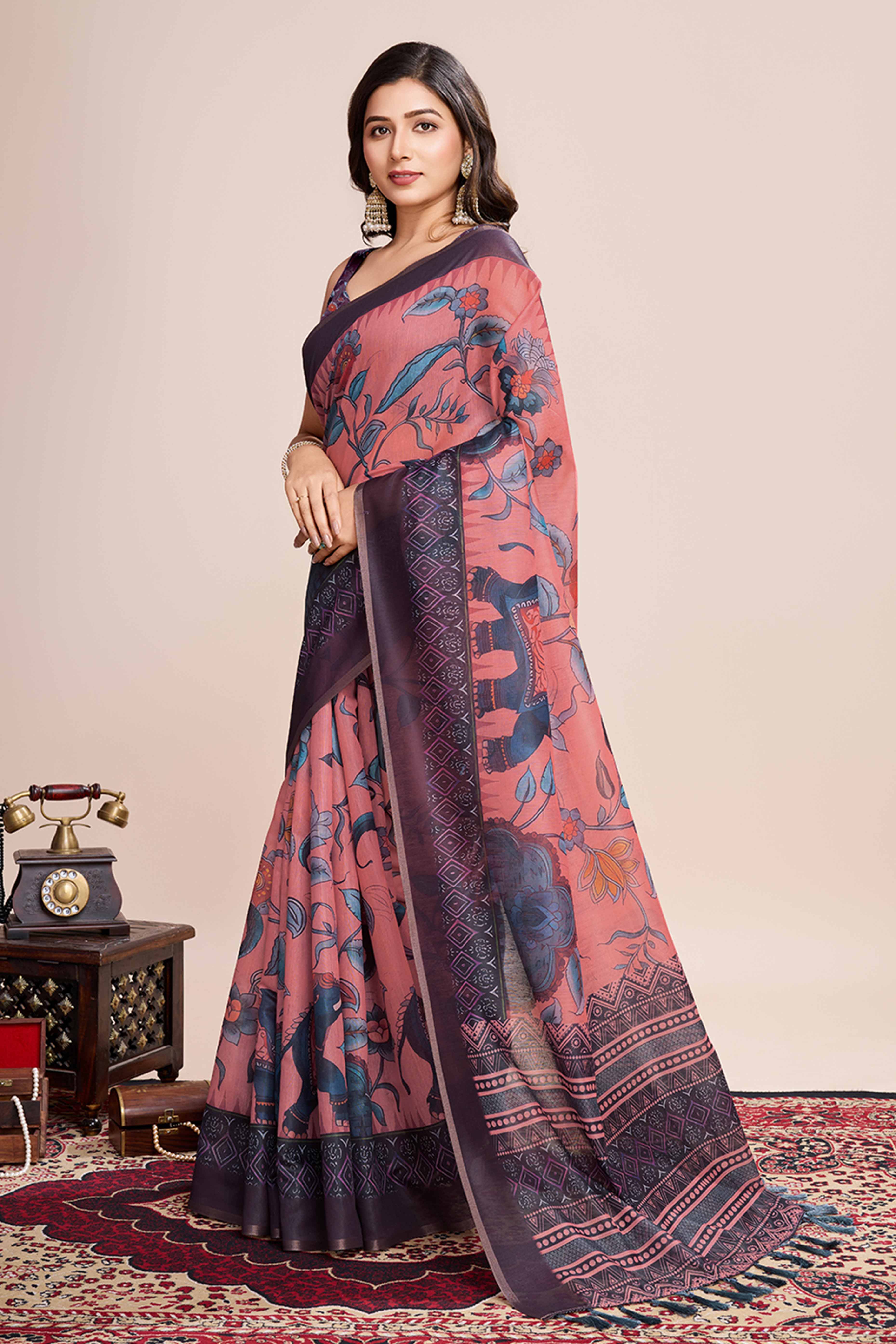 Peach Floral Printed Linen Saree