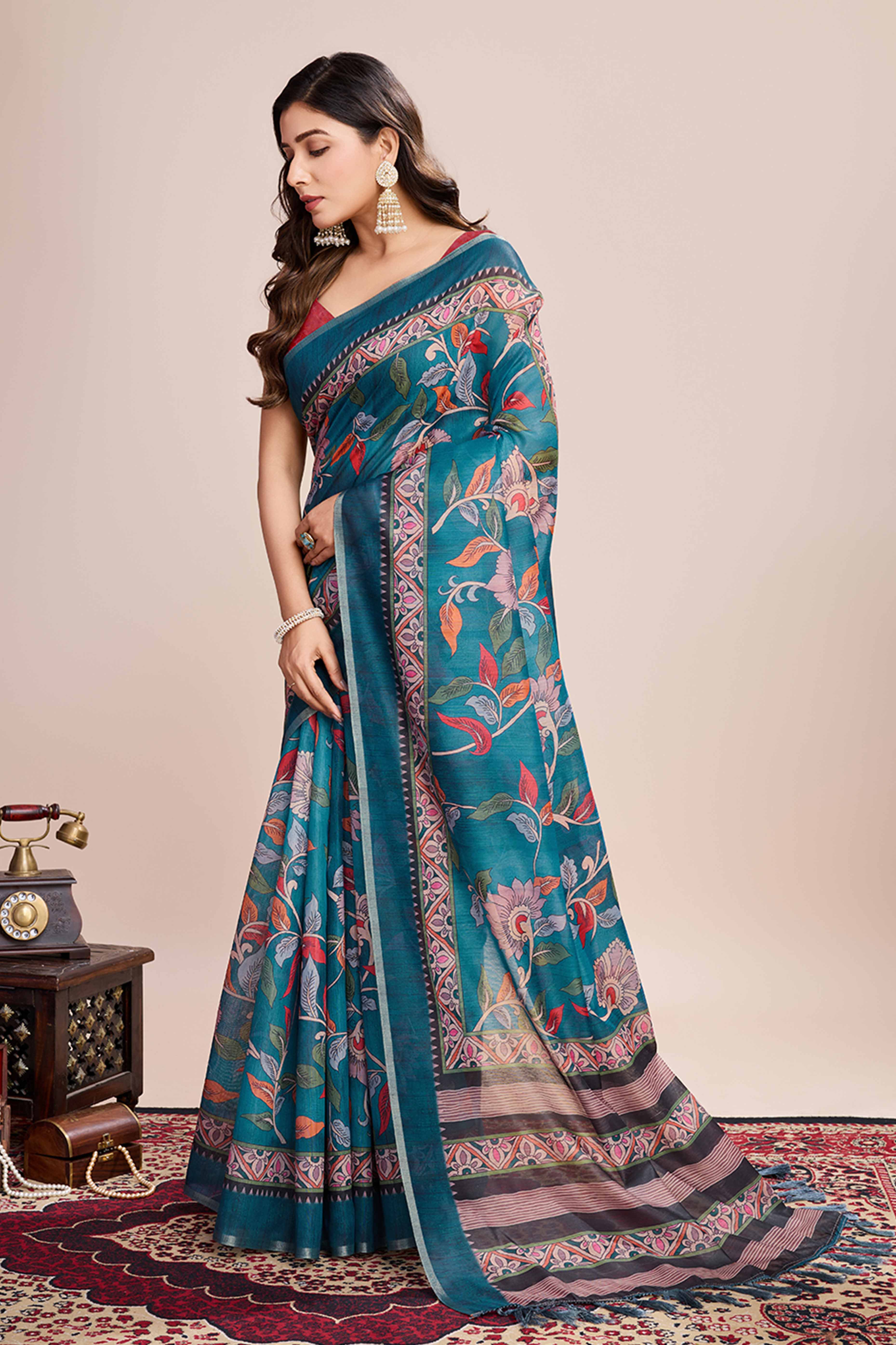 Rama Blue Floral Printed Linen Saree
