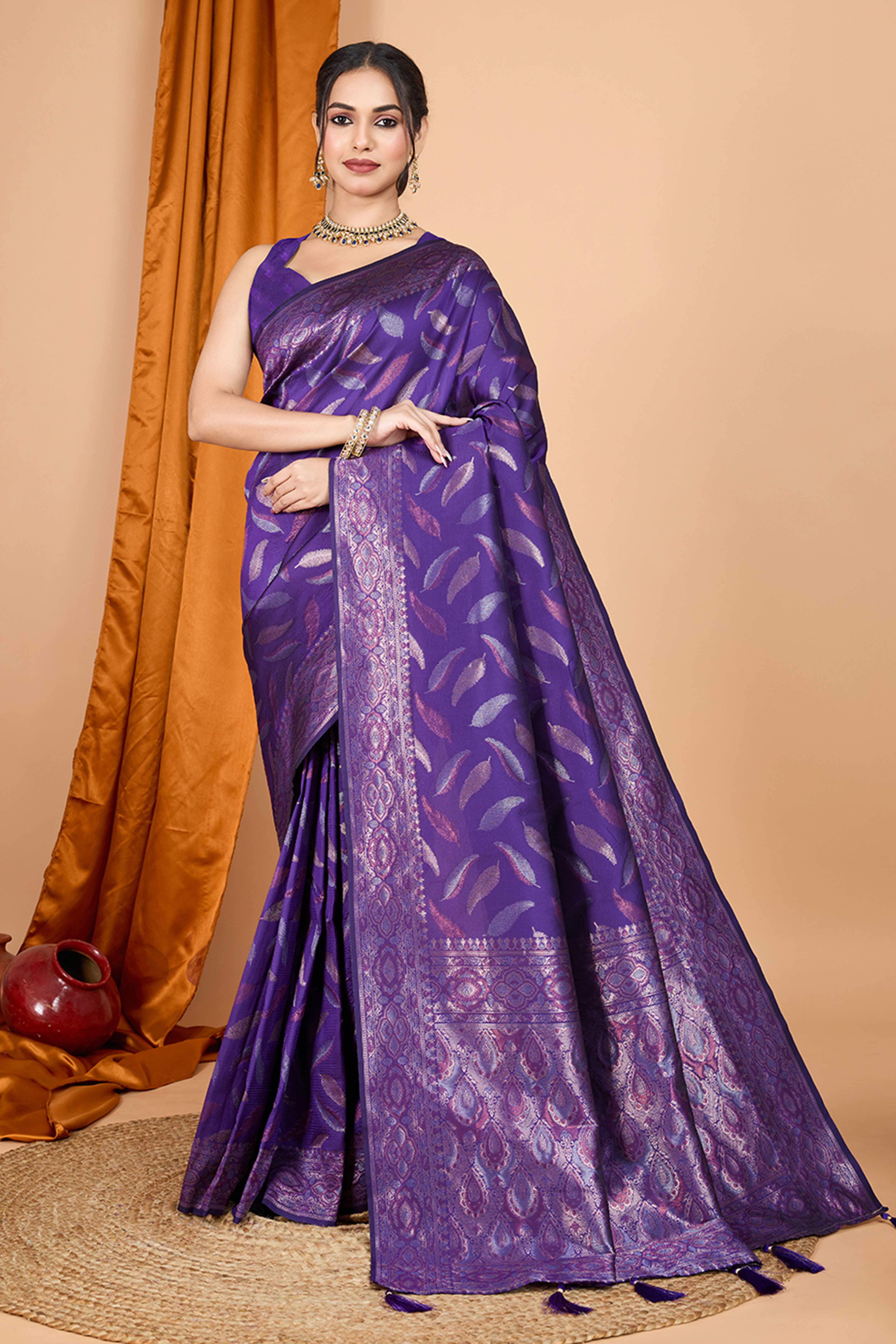 Violet Pure Silk Saree With Intricate Leaf Pattern Zari Weaving & Graceful Tassels