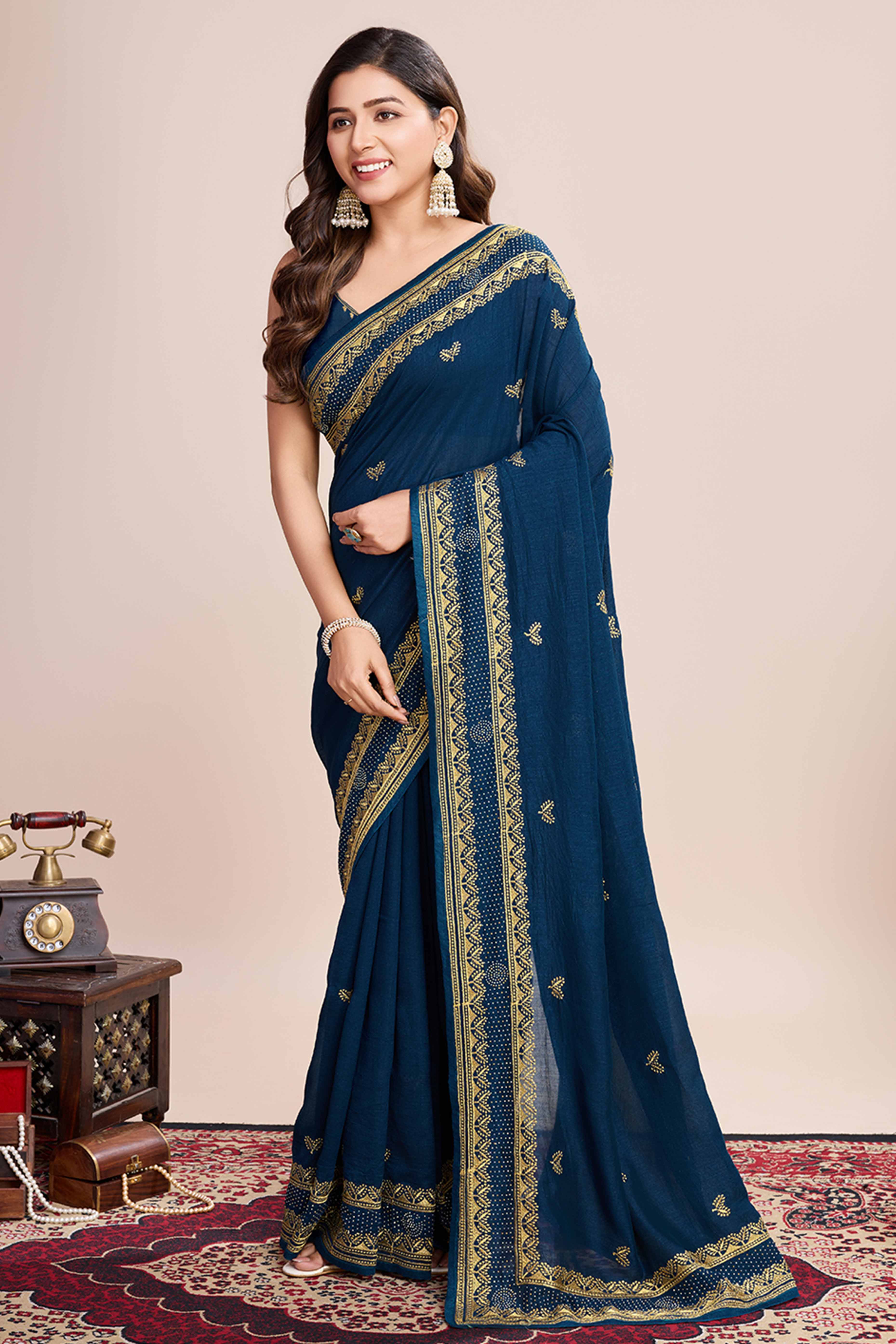 Teal Floral Embroidered Vichitra Silk Saree