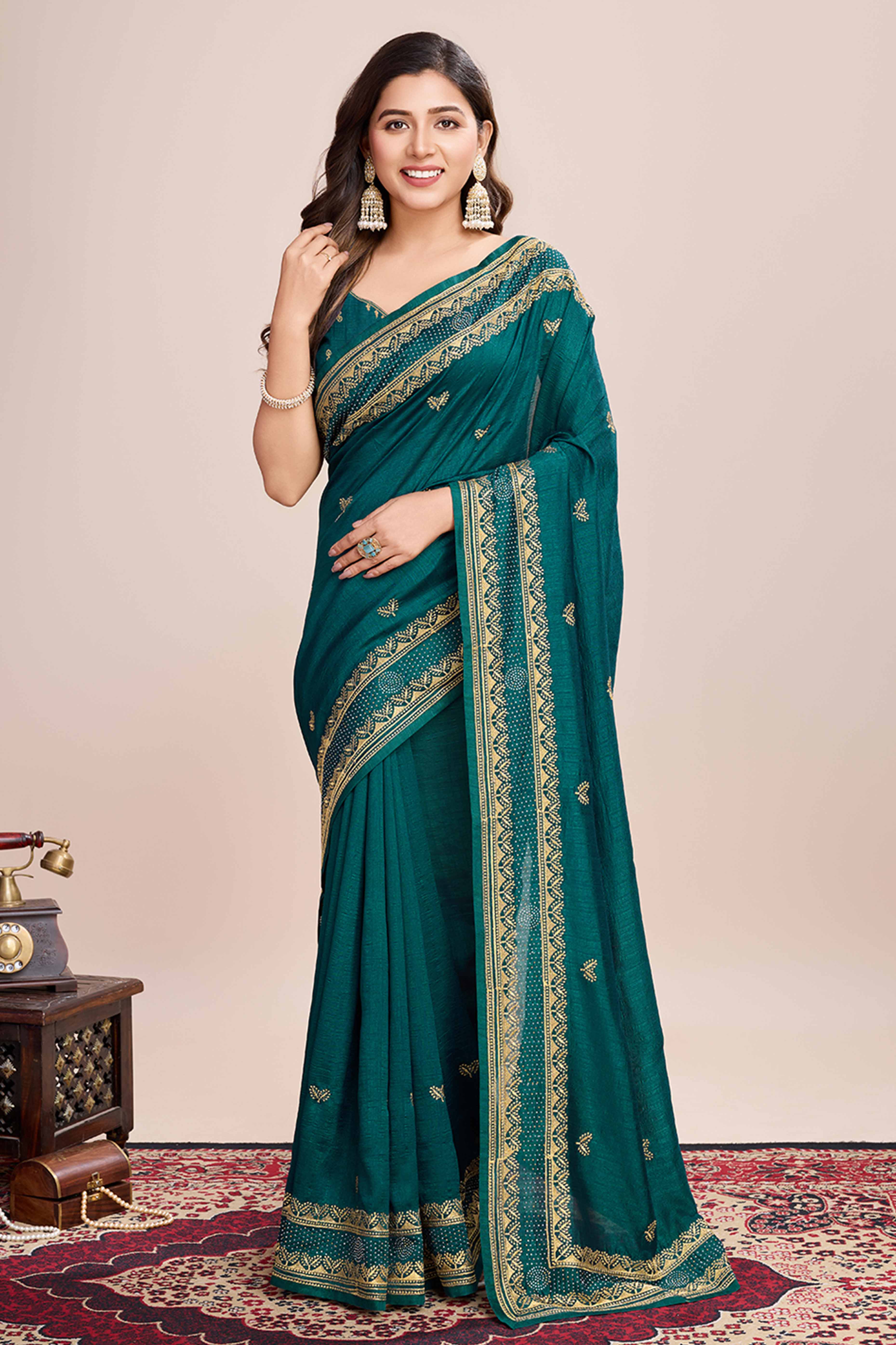 Green Floral Embroidered Vichitra Silk Saree