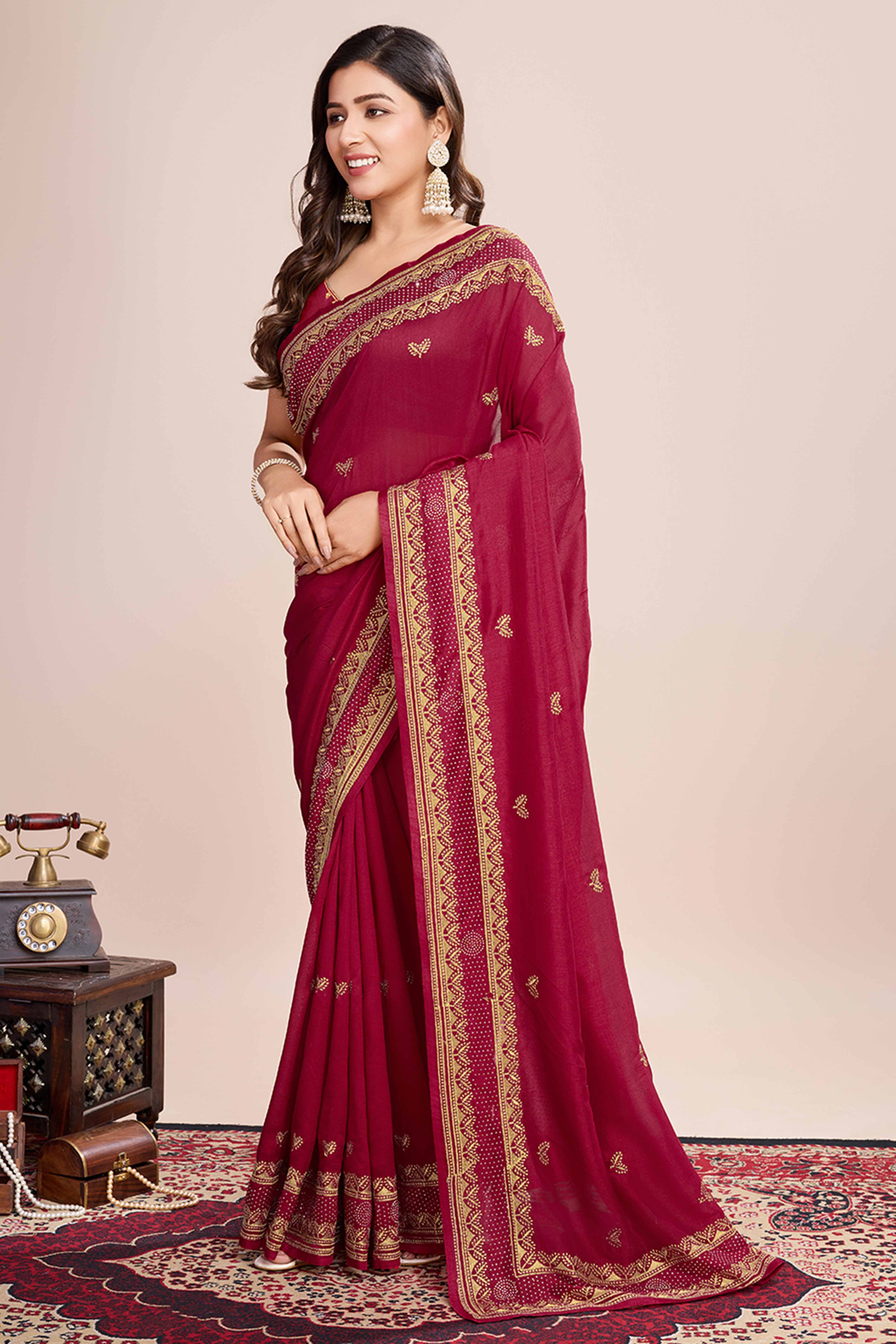 Red Floral Embroidered Vichitra Silk Saree
