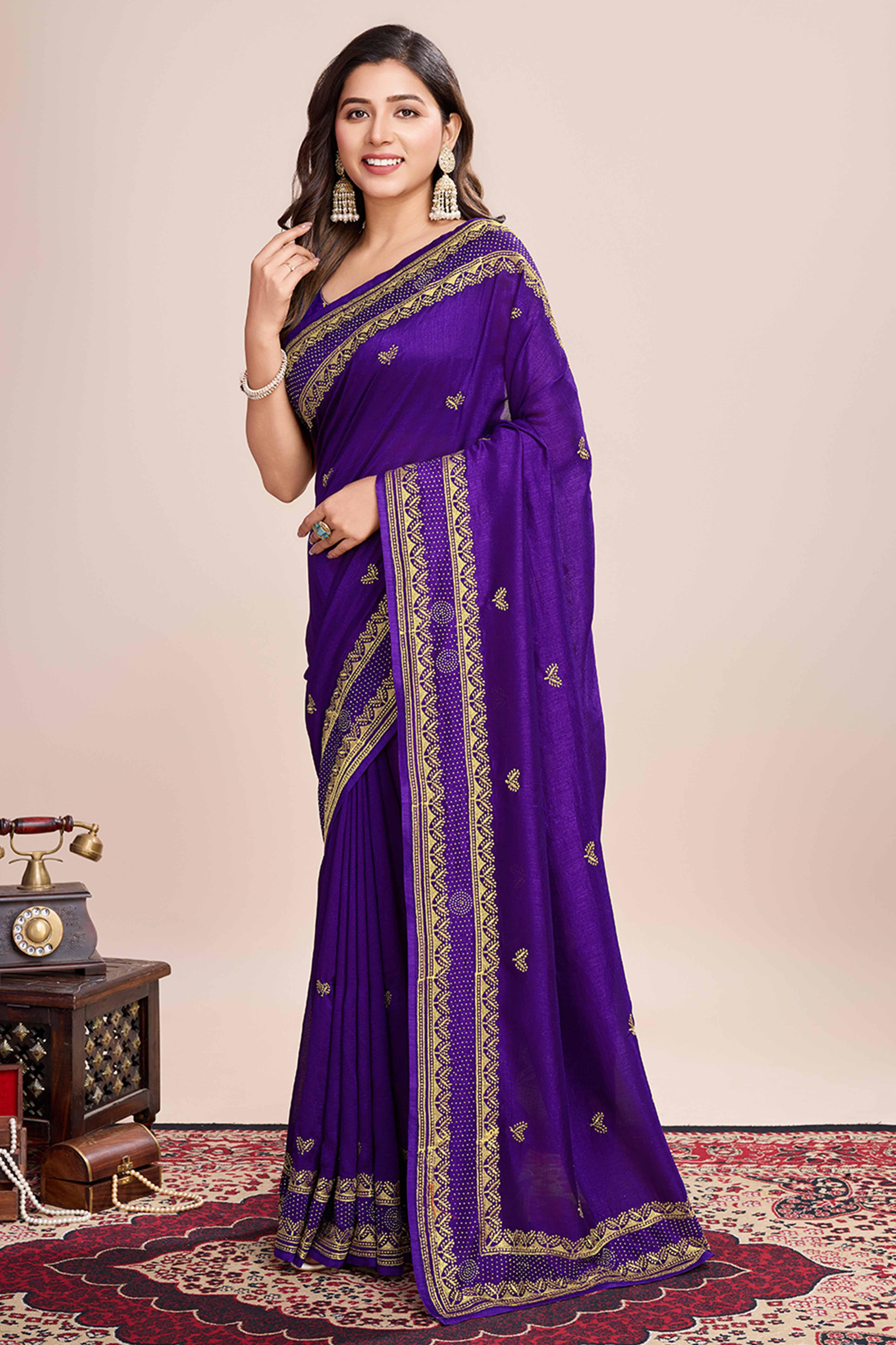 Purple Floral Embroidered Vichitra Silk Saree