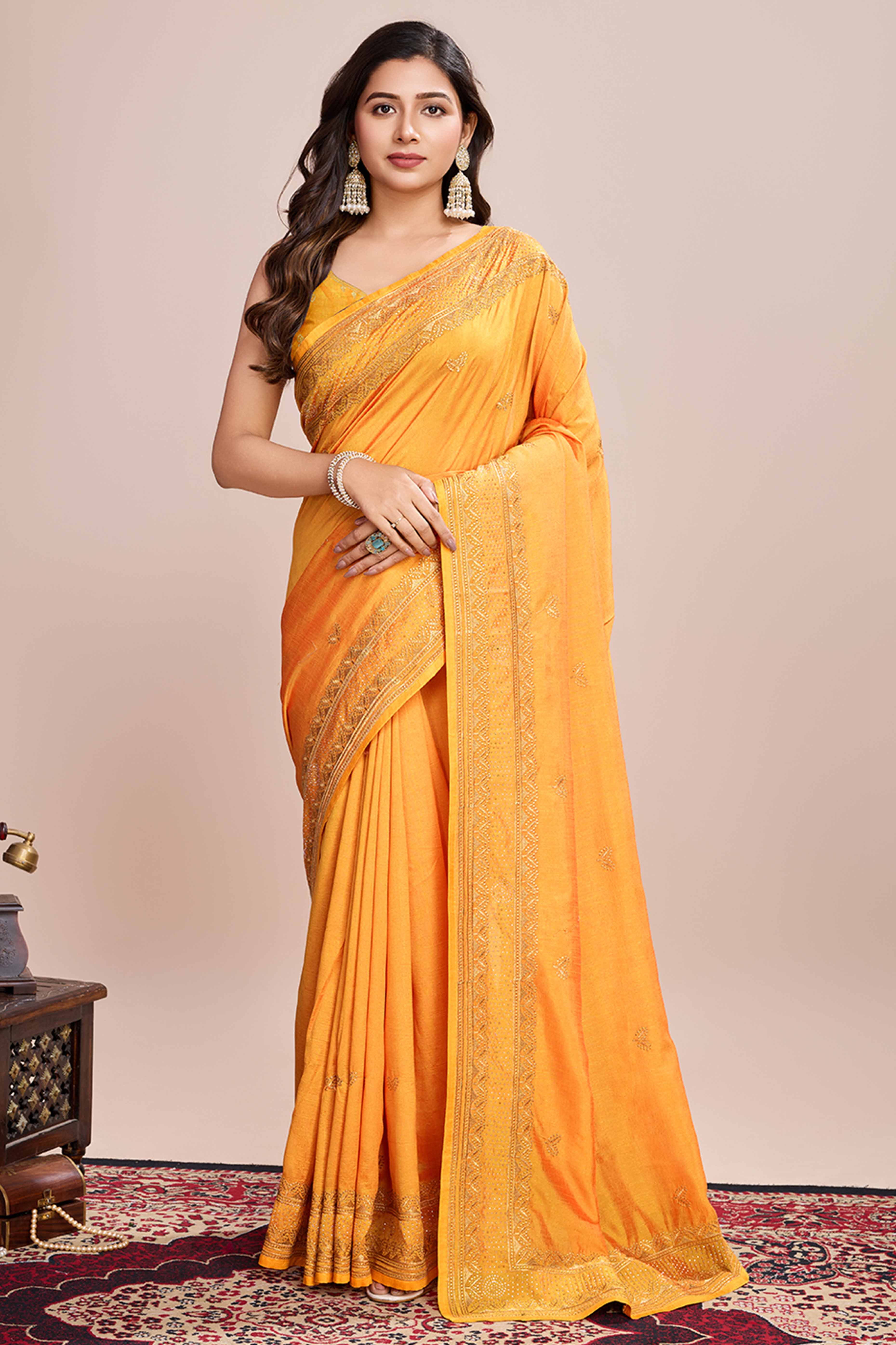 Yellow Floral Embroidered Vichitra Silk Saree