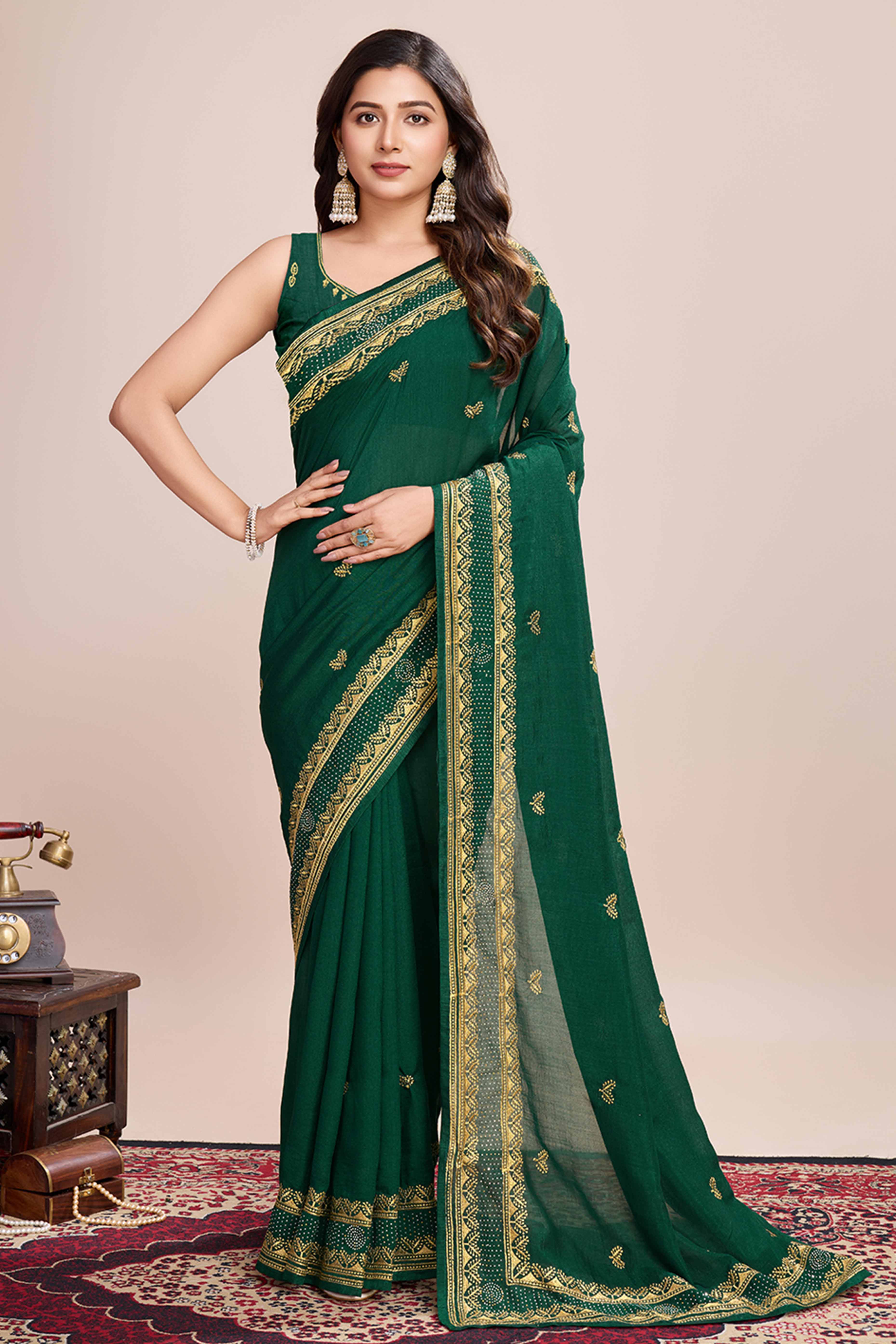 Green Floral Embroidered Vichitra Silk Saree