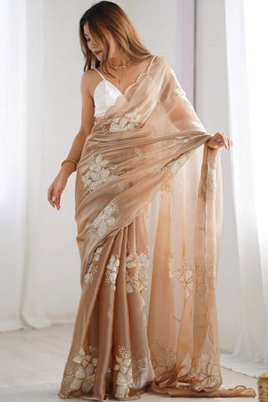 Beige Sequins Floral Embroidered Organza Saree