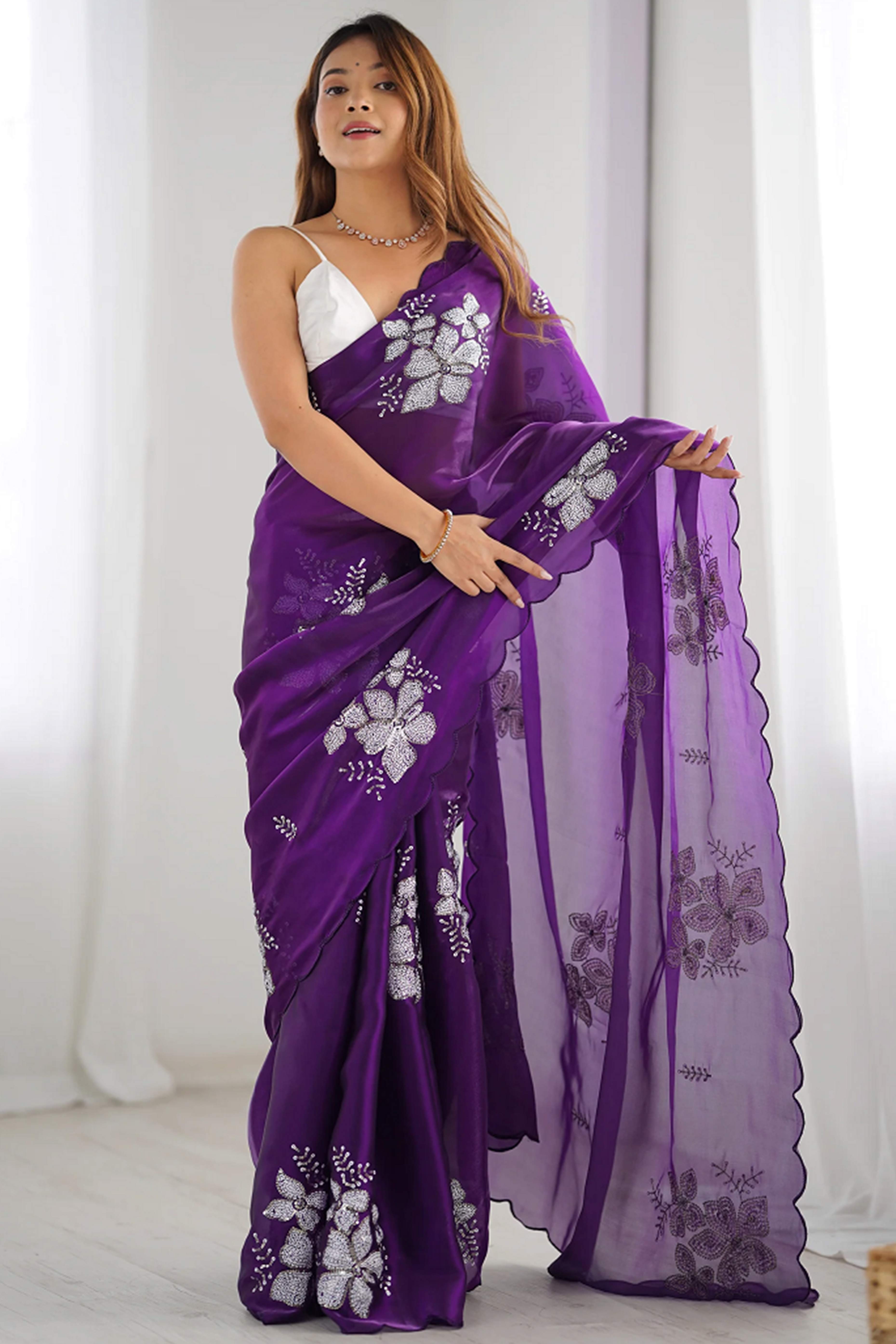 Purple Sequins Floral Embroidered Organza Saree