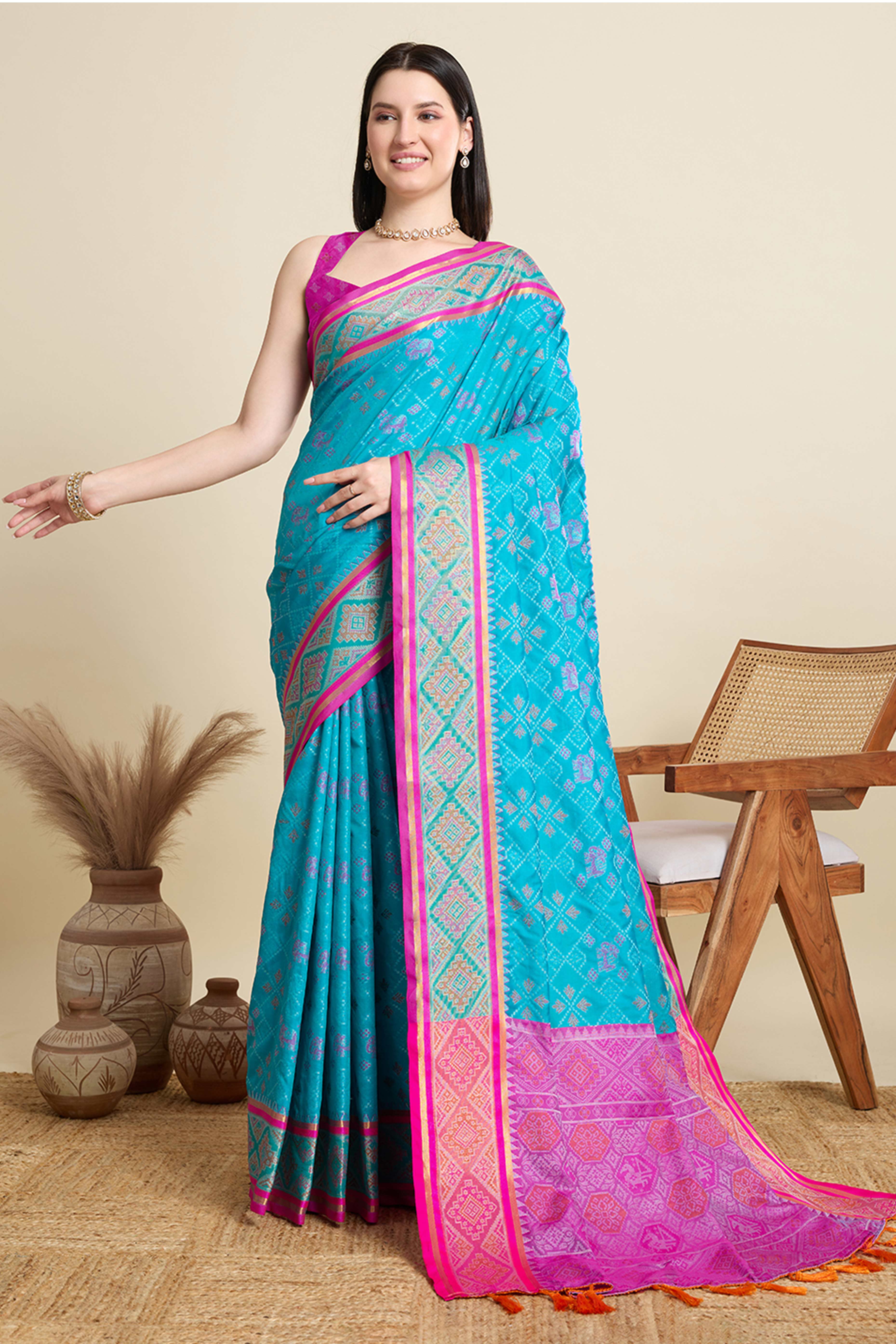 Sky Blue Silk Blend Saree Featuring Patola Prints and a Detailed Weaving Border