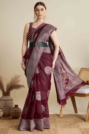 Maroon Elegance Soft Cotton Silk Saree with Beautifully Woven Floral Designs