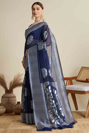 Navy Blue Elegance Soft Cotton Silk Saree with Beautifully Woven Floral Designs