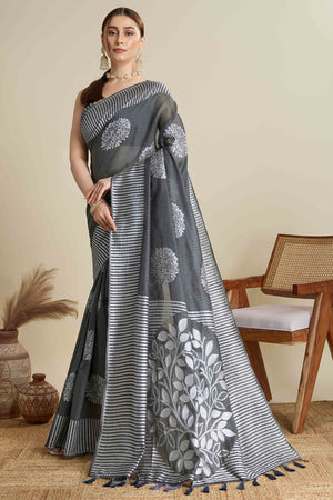 Grey Elegance Soft Cotton Silk Saree with Beautifully Woven Floral Designs
