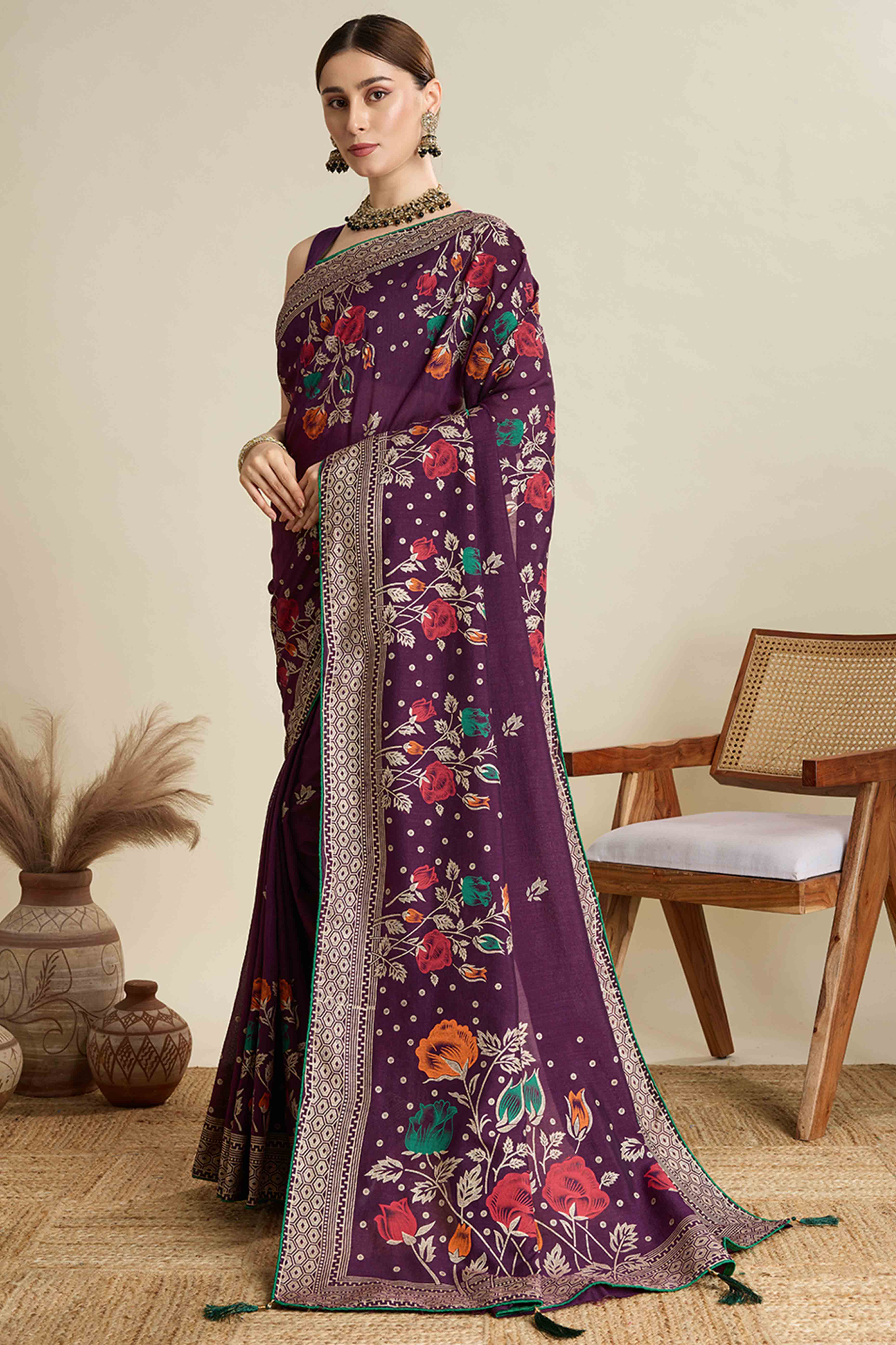 Purple Lightweight Cotton Silk Saree with Delicate Paisley Prints